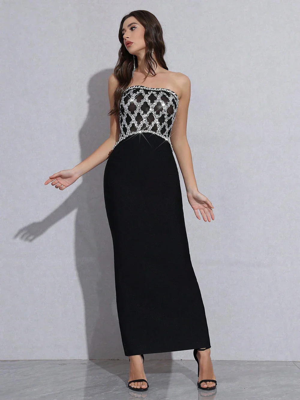 Sexy Strapless Diamond Sequin mesh Patchwork Bodycon Bandage Long Dress Women Fashion Celebrate Evening Party Gowns - Image 3