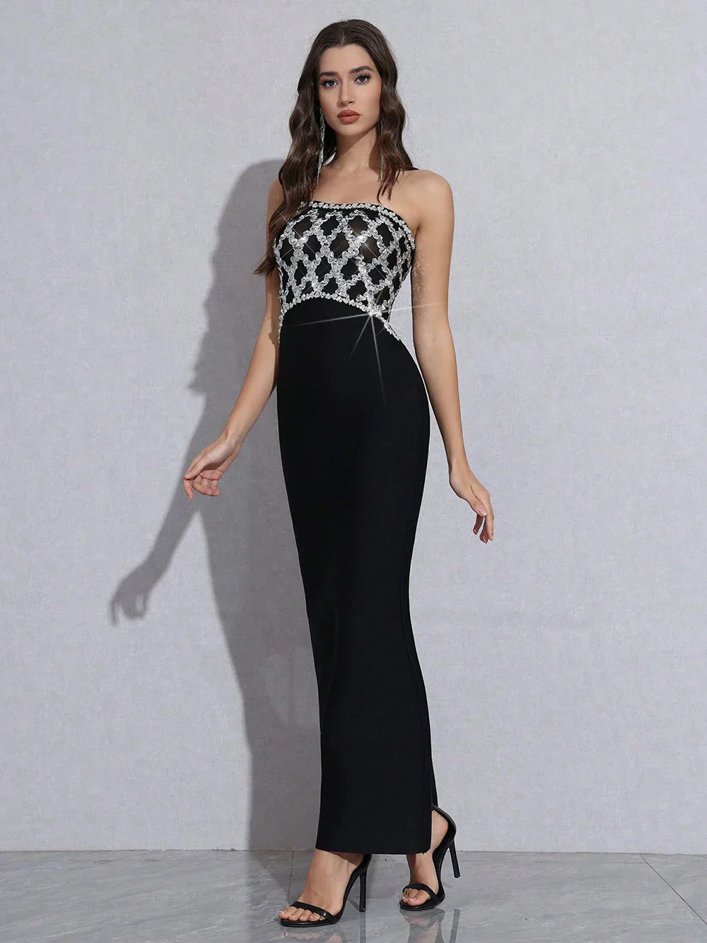 Sexy Strapless Diamond Sequin mesh Patchwork Bodycon Bandage Long Dress Women Fashion Celebrate Evening Party Gowns - Image 4
