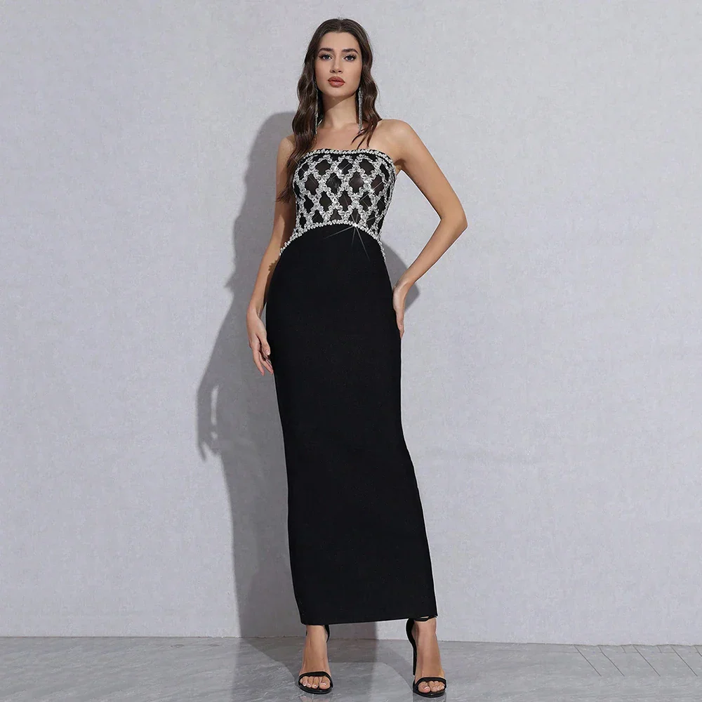 Sexy Strapless Diamond Sequin mesh Patchwork Bodycon Bandage Long Dress Women Fashion Celebrate Evening Party Gowns - Image 7