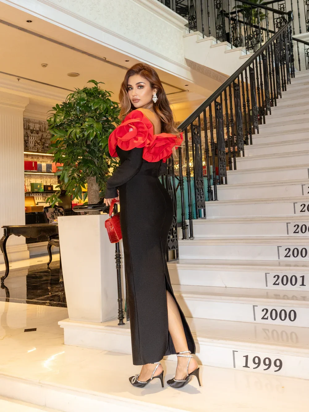 Winter Women Long Sleeve Red Florals Bodycon Long Bandage Dress Celebrate Evening Party Birthday Fashion Dress - Image 4