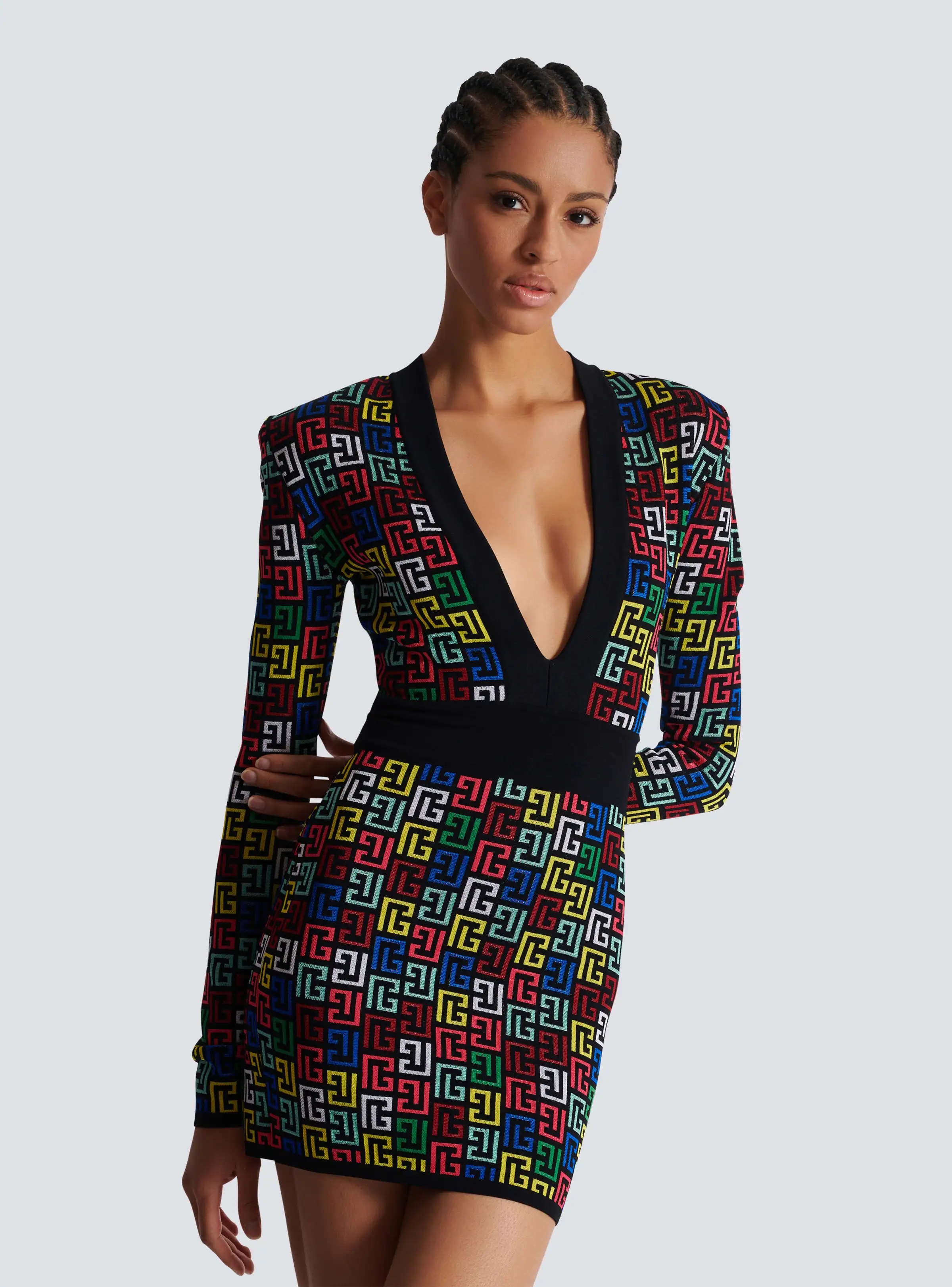 Women Long Sleeve Deep V-Neck Bodycon Mini Bandage Dress Jacquard Celebrate Evening Party Cocktail Dress Vestido - Image 4