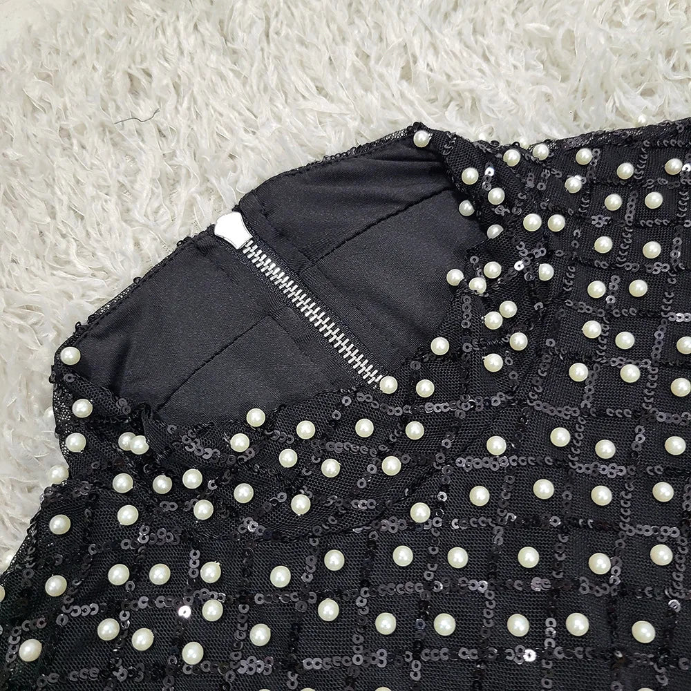 Women Long Sleeve Sexy Beading Tops 2 Pieces Bodycon Bandage Skirt Set Elegant Evening Party Celebrate Outfit - Image 5