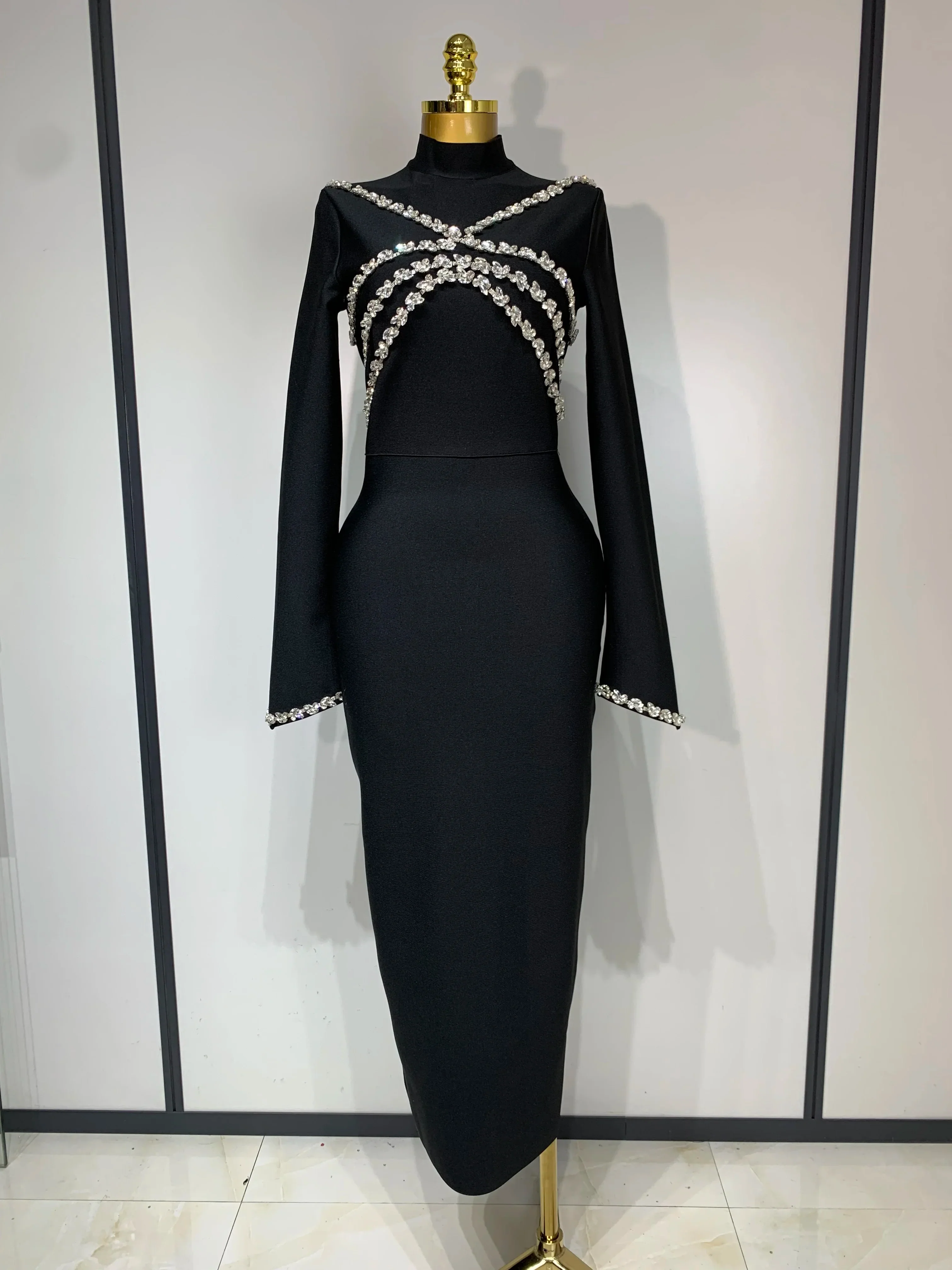 Women Long Sleeve Shinning Crystal Bodycon Long Bandage Dress Celebirty Elegant Evening Party Luxury Birthday Dress