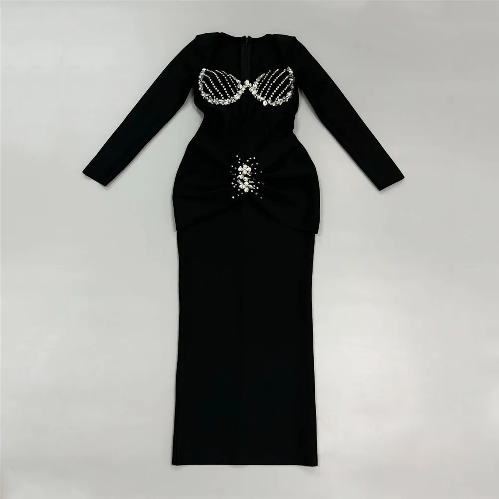 Women Long Sleeve Sqaure Collar Shinning Diamond Bodycon Long Bandage Dress Celebrate Elegant Evening Party Wear