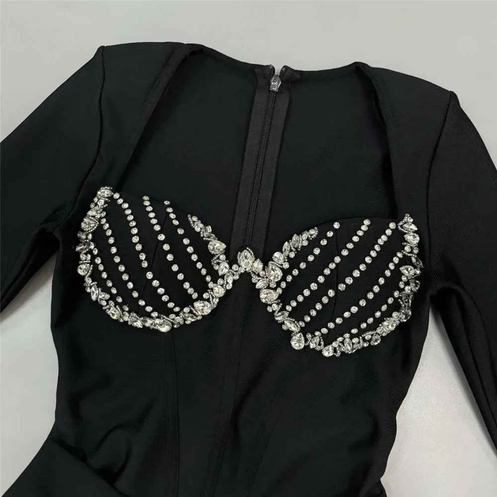 Women Long Sleeve Sqaure Collar Shinning Diamond Bodycon Long Bandage Dress Celebrate Elegant Evening Party Wear - Image 5
