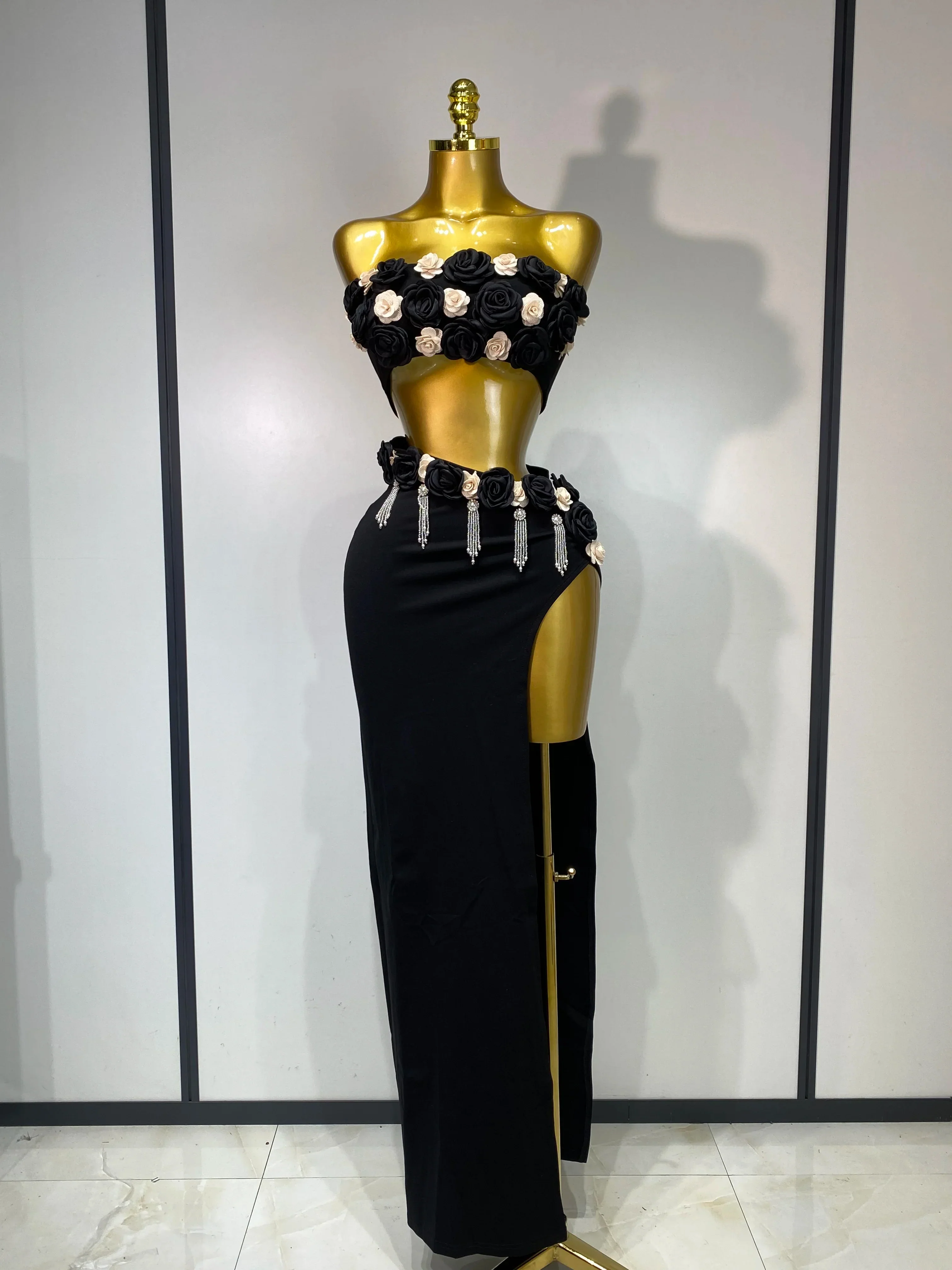 Women Sexy Flower Strapless Top High Slit Long Skirt Elegant Evening Party Two Piece Set Luxury Birthday Club Gown