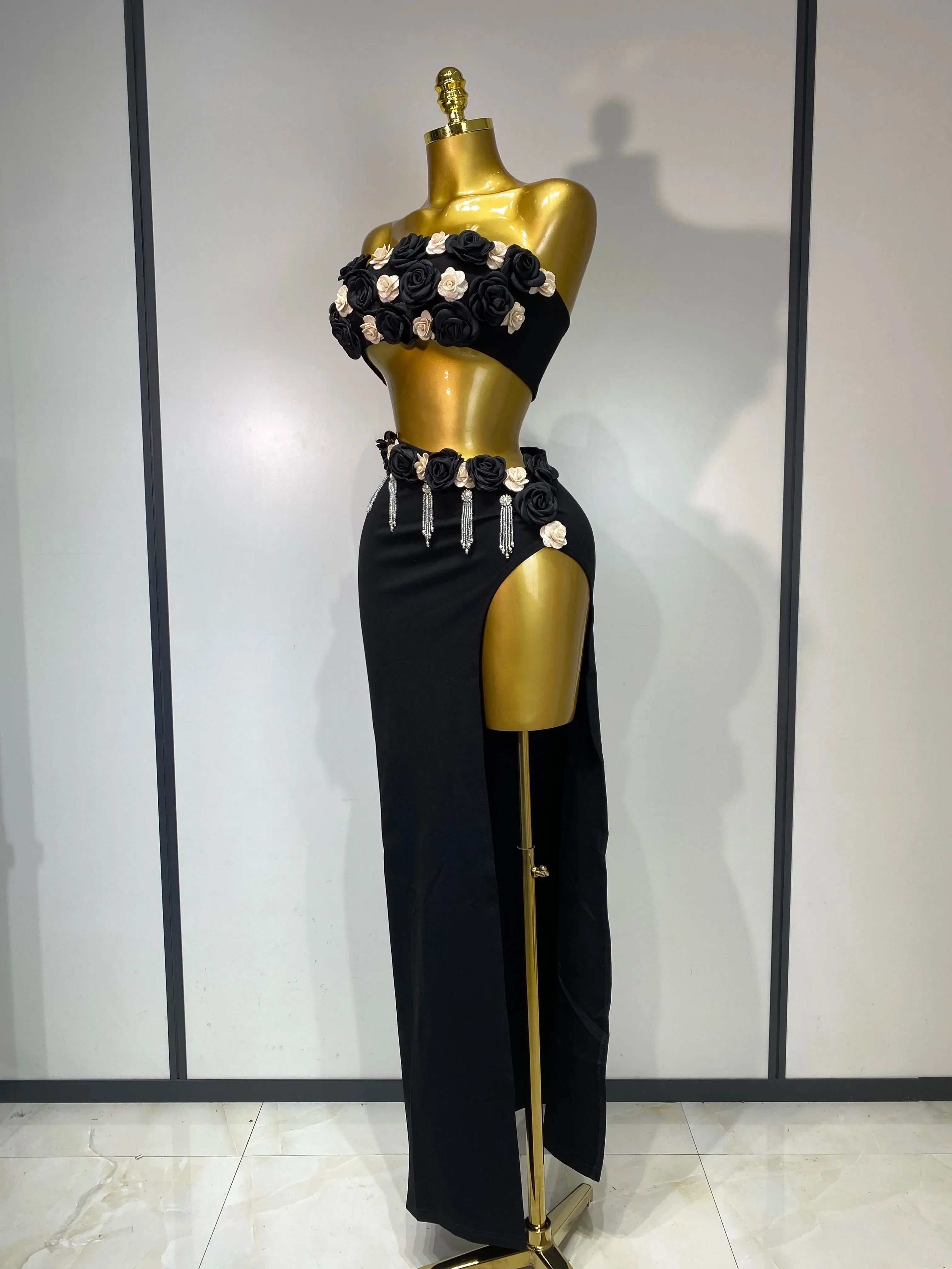 Women Sexy Flower Strapless Top High Slit Long Skirt Elegant Evening Party Two Piece Set Luxury Birthday Club Gown - Image 2