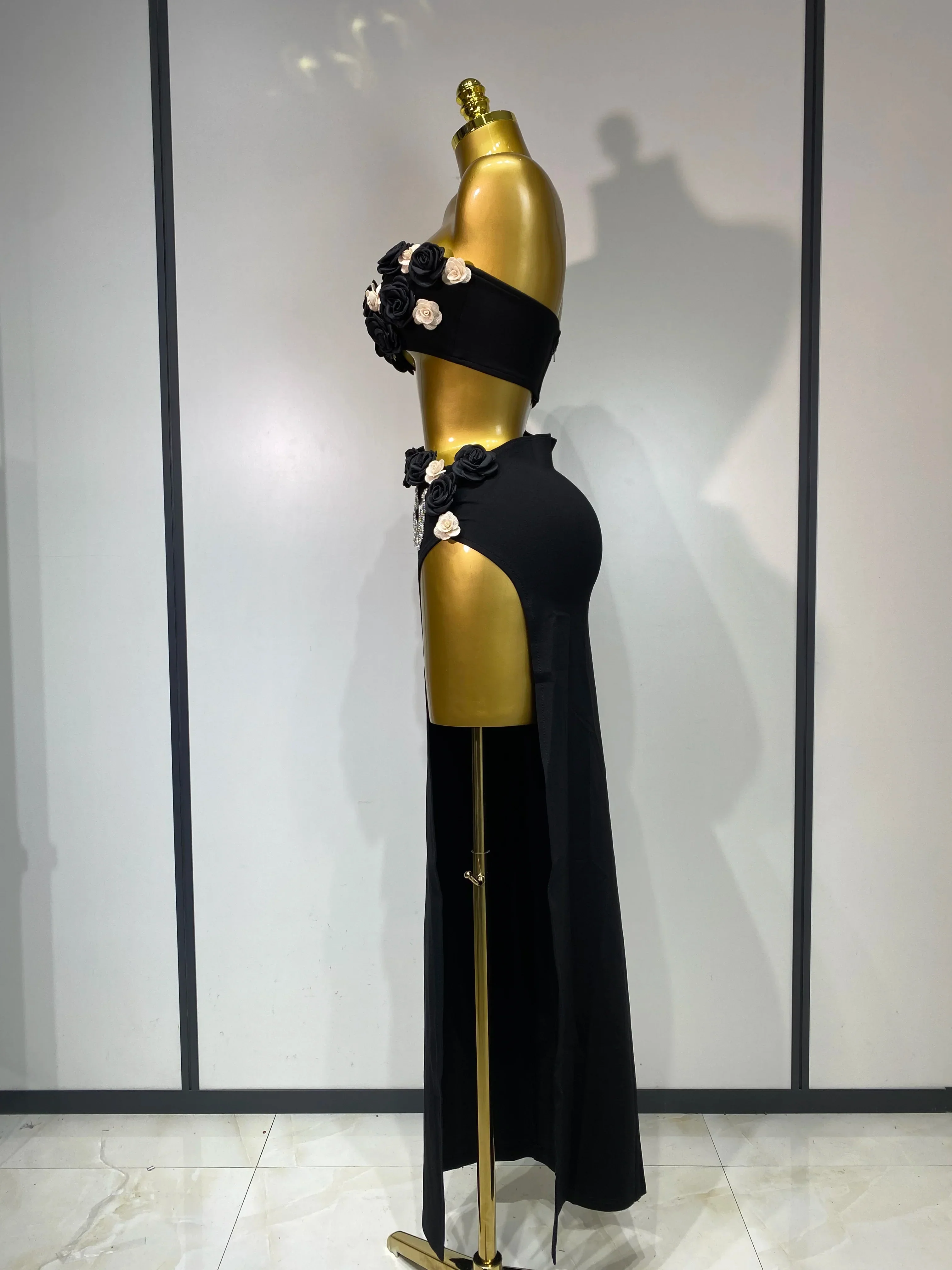 Women Sexy Flower Strapless Top High Slit Long Skirt Elegant Evening Party Two Piece Set Luxury Birthday Club Gown - Image 3