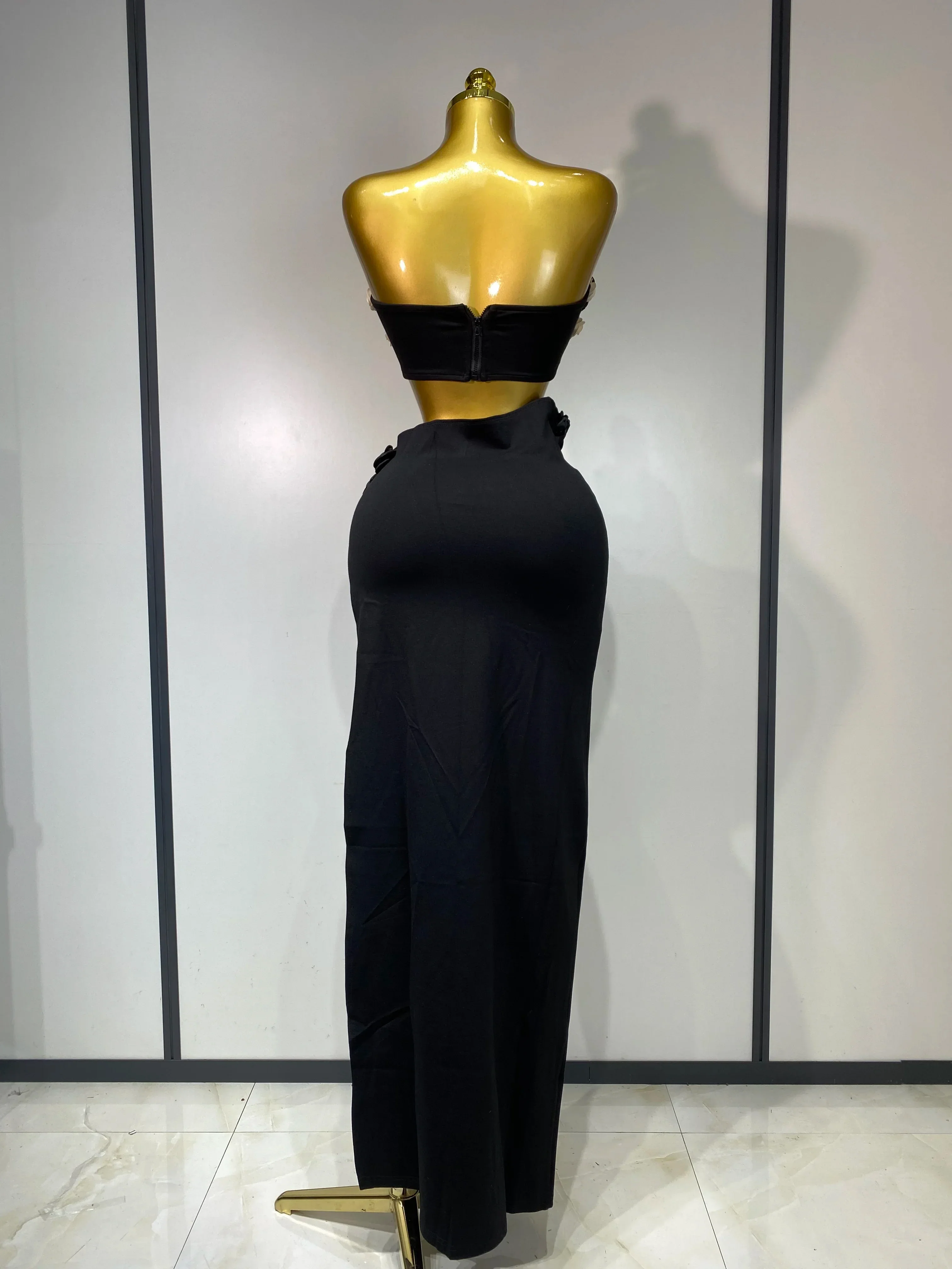 Women Sexy Flower Strapless Top High Slit Long Skirt Elegant Evening Party Two Piece Set Luxury Birthday Club Gown - Image 4