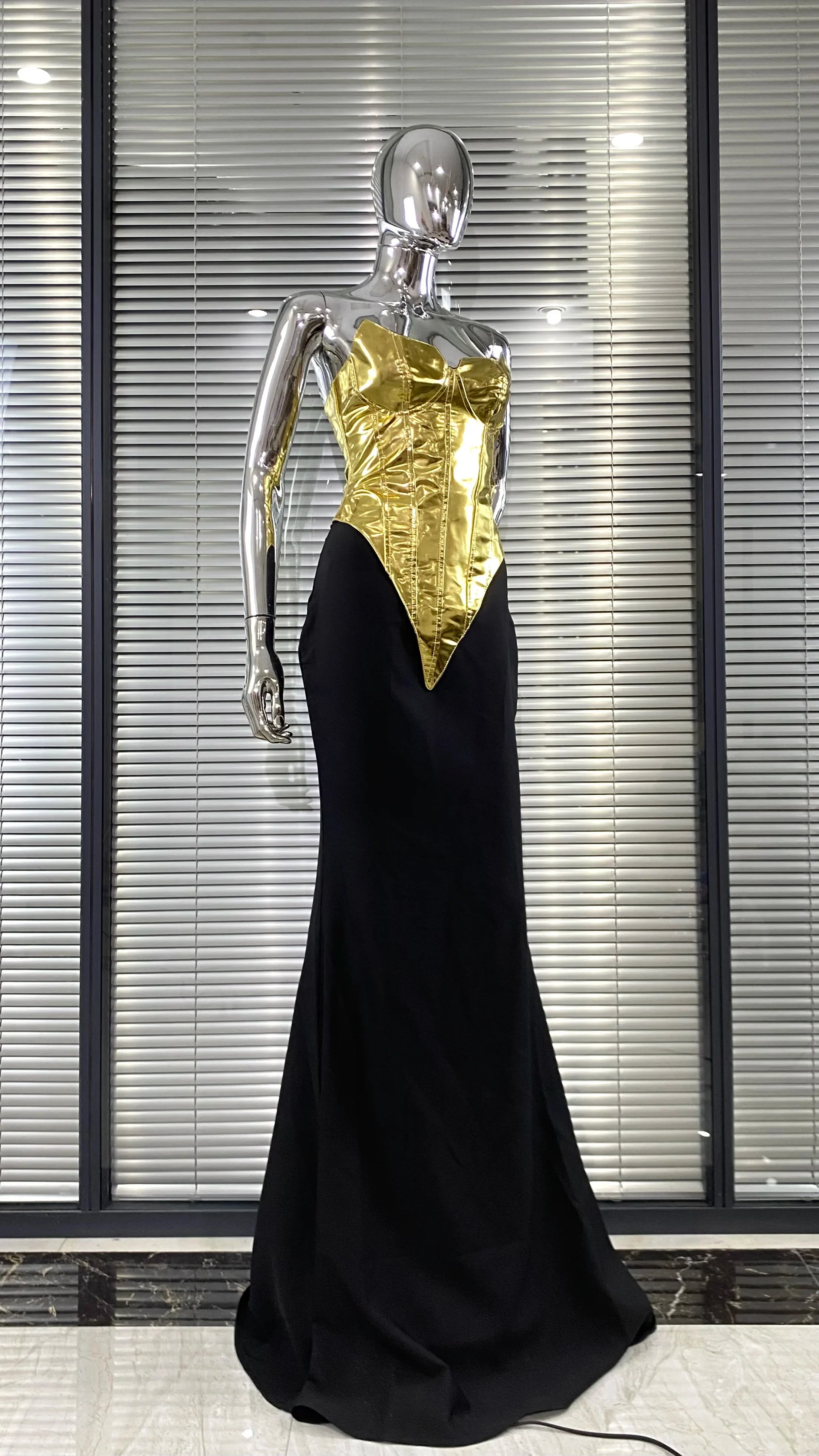 Women Sexy Gold Laced-up Tops Long Maxi Skirt Set Celebrate Evening Party Nightclub Fashion Cocktail Outfit Dress - Image 3