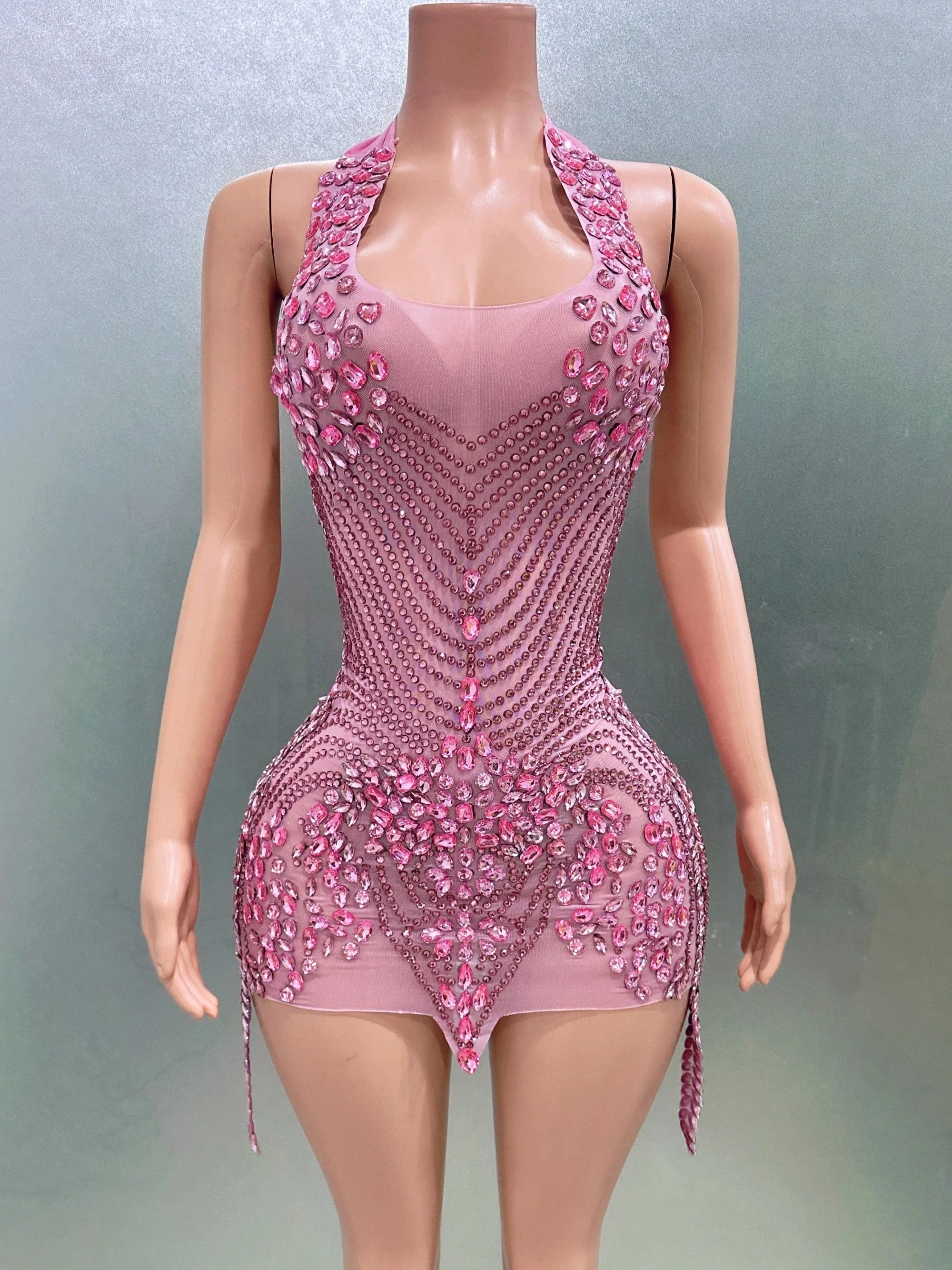 Women Sexy Halter Crystal Bodycon Mini Dress Celebrate Nightclub Party Performance Birthday Photo Shoot Dress - Image 10