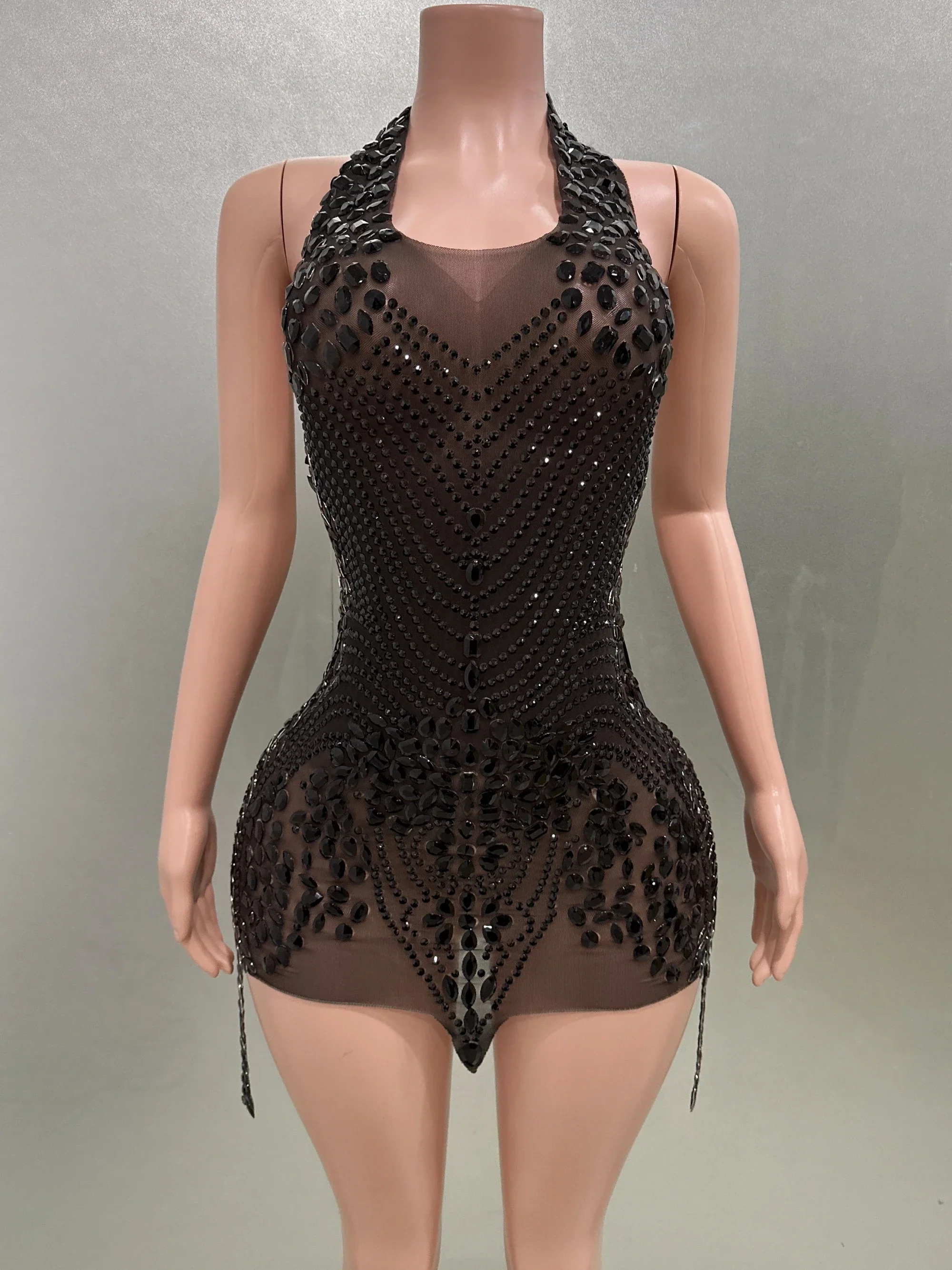 Women Sexy Halter Crystal Bodycon Mini Dress Celebrate Nightclub Party Performance Birthday Photo Shoot Dress - Image 3
