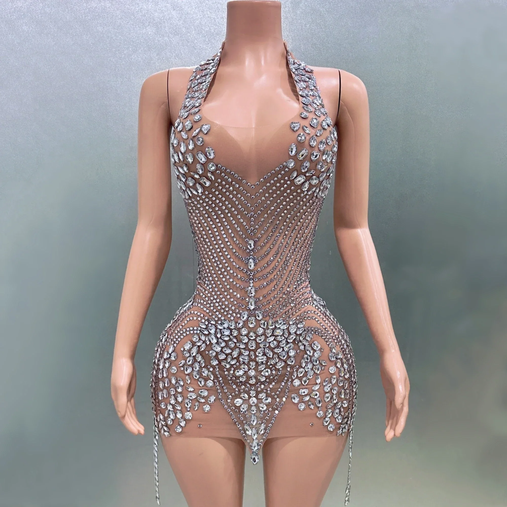 Women Sexy Halter Crystal Bodycon Mini Dress Celebrate Nightclub Party Performance Birthday Photo Shoot Dress - Image 4