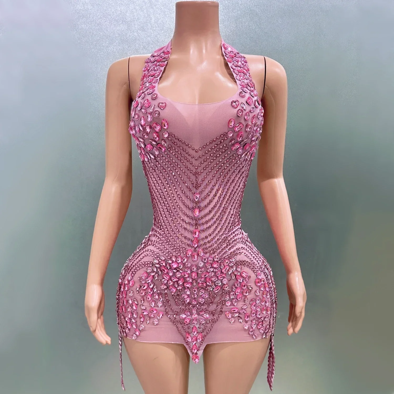 Women Sexy Halter Crystal Bodycon Mini Dress Celebrate Nightclub Party Performance Birthday Photo Shoot Dress - Image 6