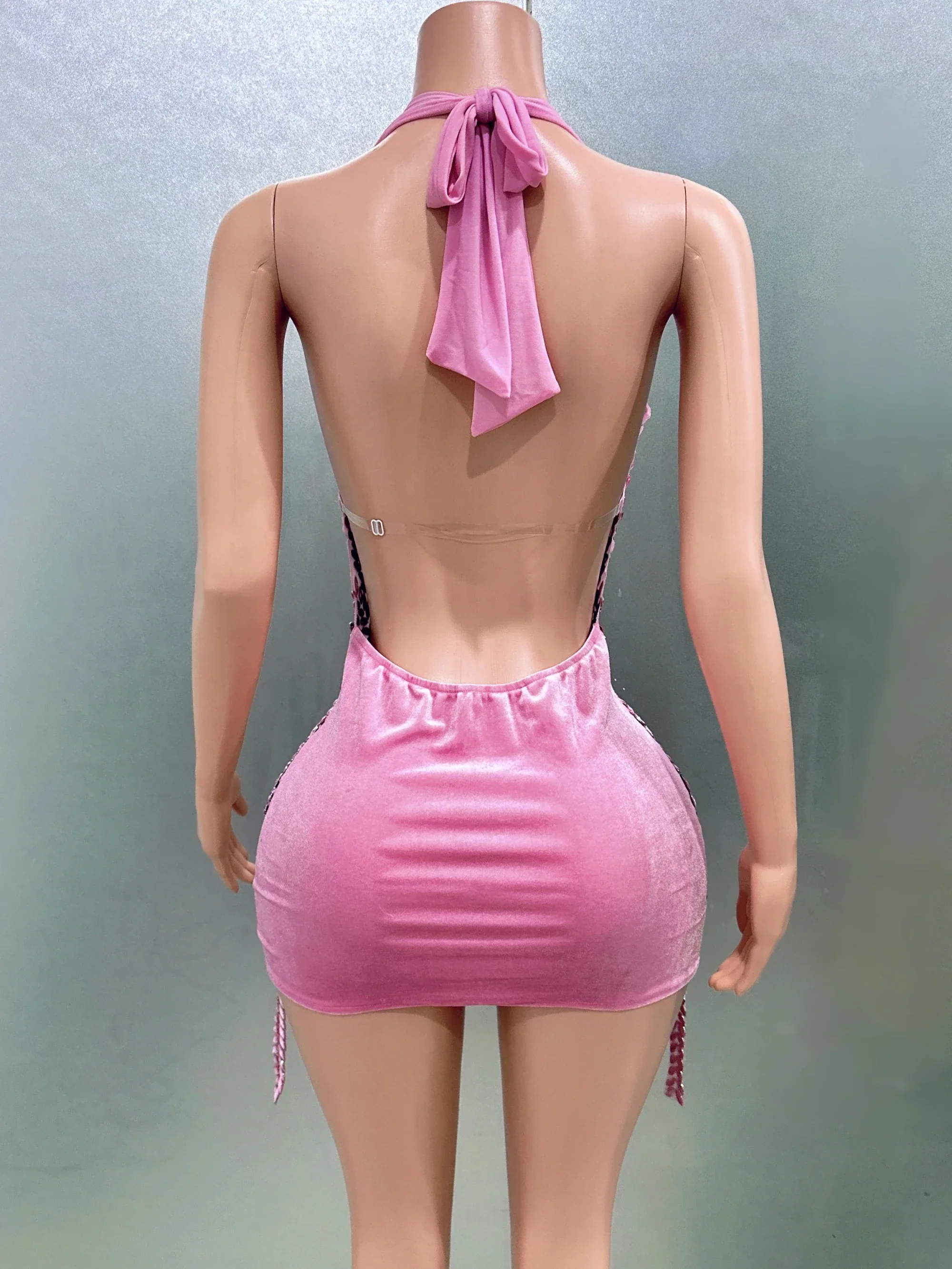 Women Sexy Halter Crystal Bodycon Mini Dress Celebrate Nightclub Party Performance Birthday Photo Shoot Dress - Image 8
