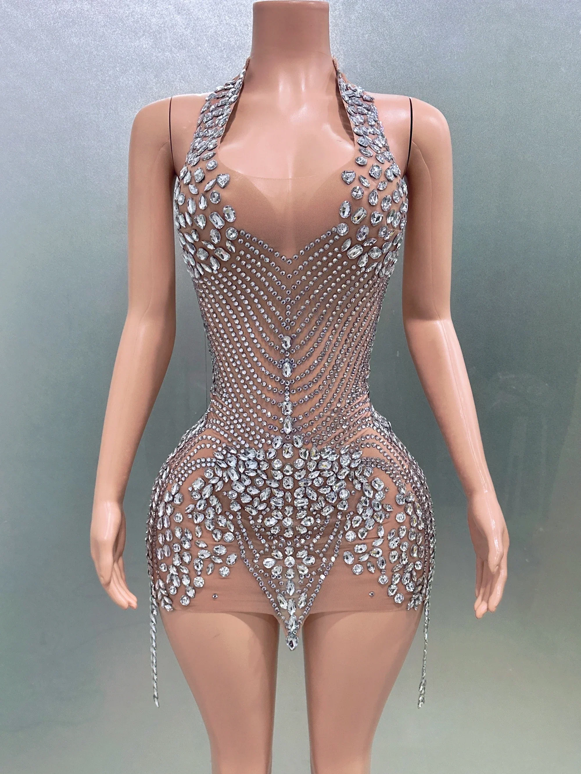 Women Sexy Halter Crystal Bodycon Mini Dress Celebrate Nightclub Party Performance Birthday Photo Shoot Dress - Image 9