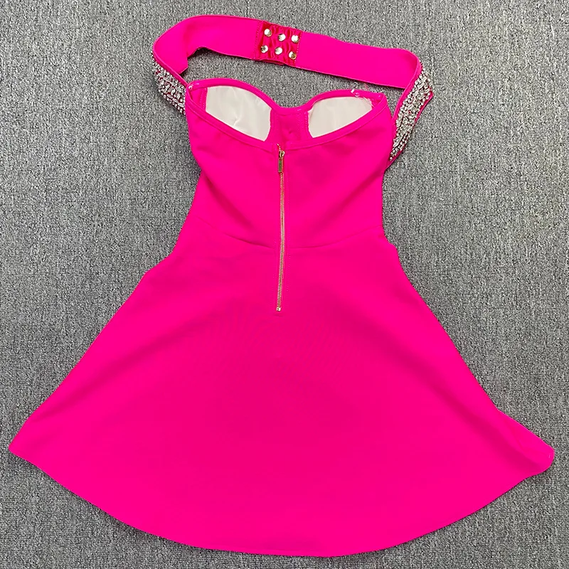 Women Sexy Halter Shinning Diamond Backless Bandage A-Line Mini Dress Evening Party Birthday Vacation Dress - Image 2