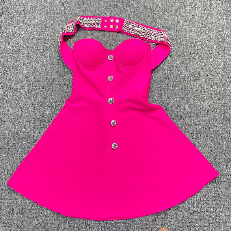 Women Sexy Halter Shinning Diamond Backless Bandage A-Line Mini Dress Evening Party Birthday Vacation Dress - Image 4