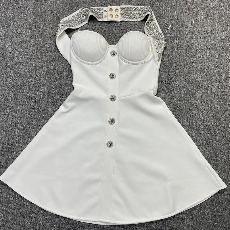 Women Sexy Halter Shinning Diamond Backless Bandage A-Line Mini Dress Evening Party Birthday Vacation Dress - Image 5