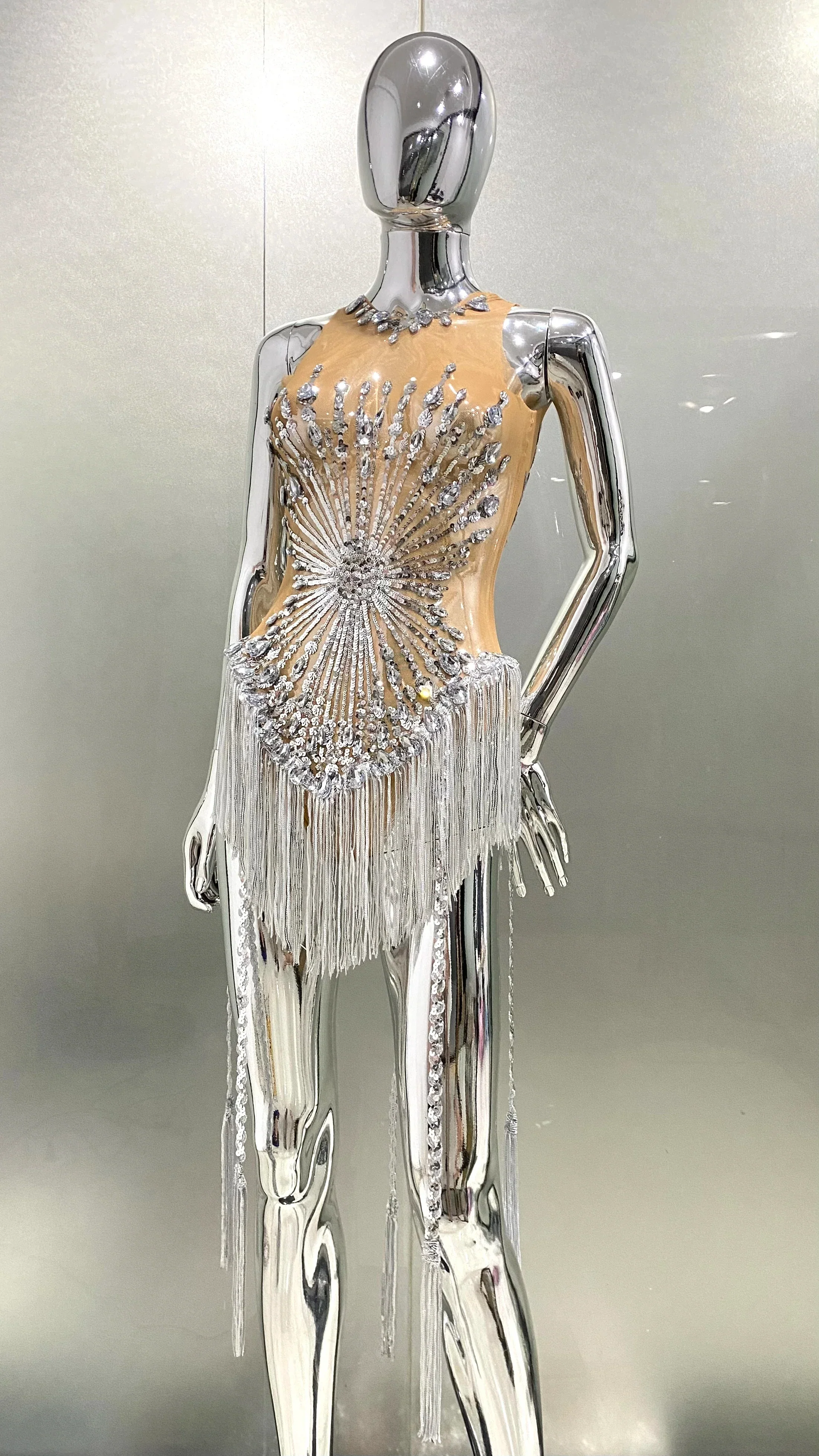 Women Sexy Mesh Shinning Sequins Tassel Bodycon Bodysuit Nightclub Party Birthday Performance Costume Stage Wear - Image 6
