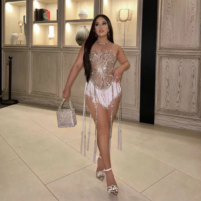 Women Sexy Mesh Shinning Sequins Tassel Bodycon Bodysuit Nightclub Party Birthday Performance Costume Stage Wear - Image 7