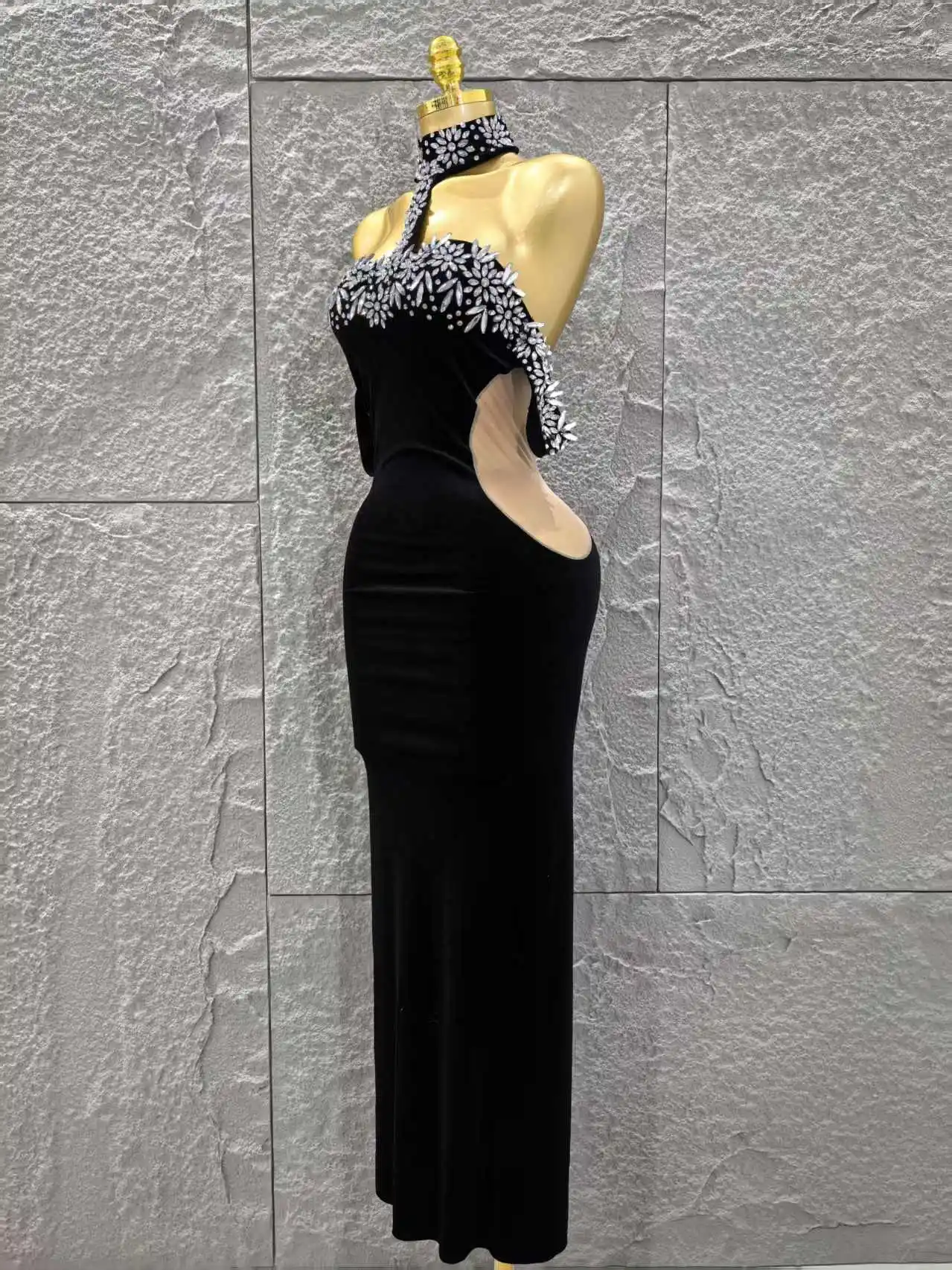 Women Sexy Off the Shoulder Shinning Crystal Bodycon Long Dress Velvet Celebrate Nightclub Party Birthday Dress - Image 2