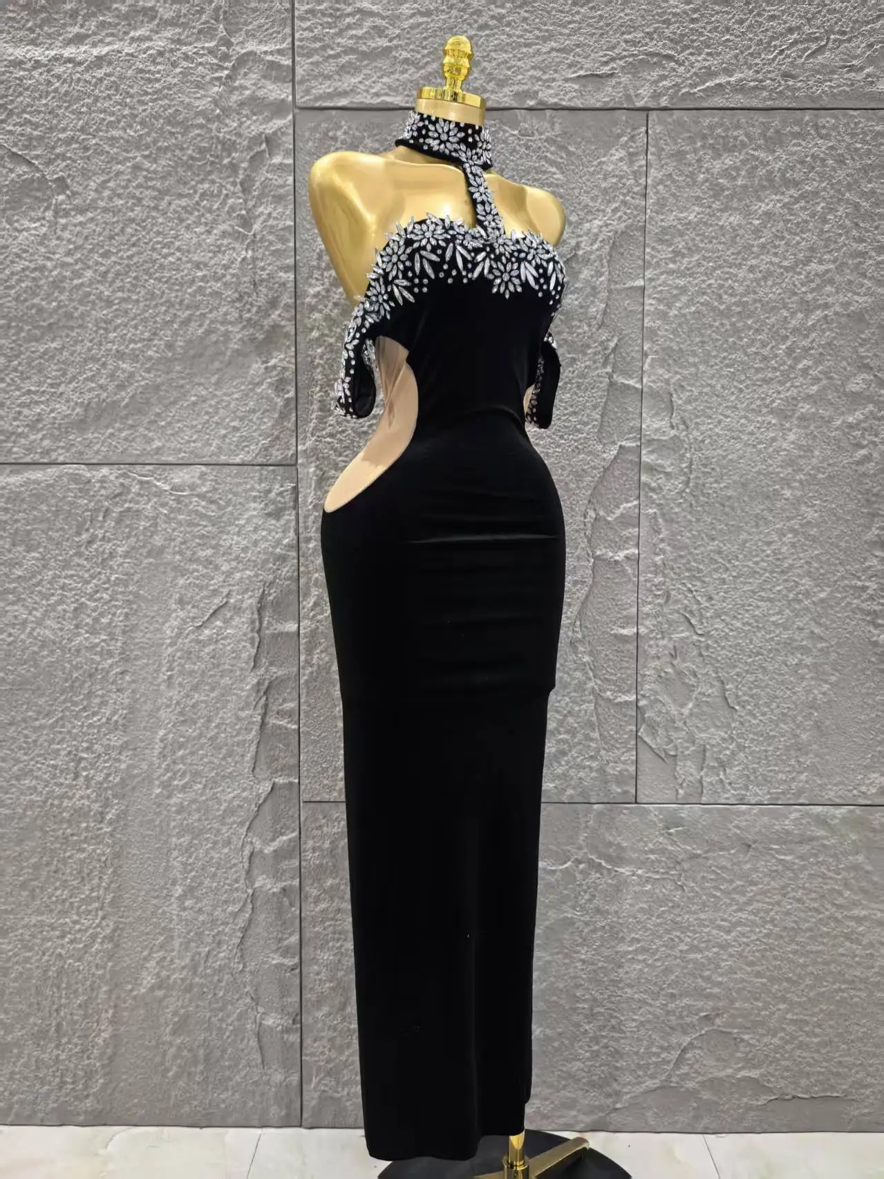 Women Sexy Off the Shoulder Shinning Crystal Bodycon Long Dress Velvet Celebrate Nightclub Party Birthday Dress - Image 5