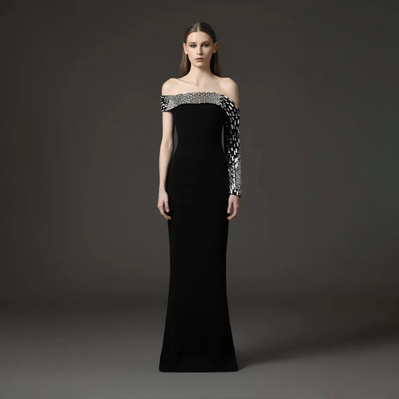 Women Sexy One Shoulder Shinning Crystal Bodycon Long Bandage Dress Elegant Evening Party Celebrity Red Carpet Wear - Image 2