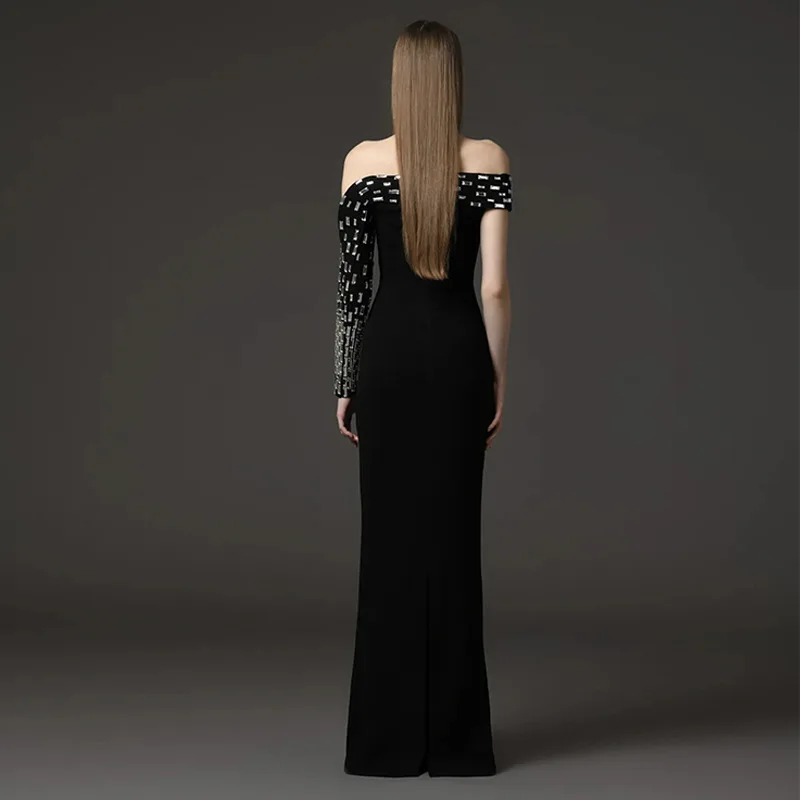 Women Sexy One Shoulder Shinning Crystal Bodycon Long Bandage Dress Elegant Evening Party Celebrity Red Carpet Wear - Image 3