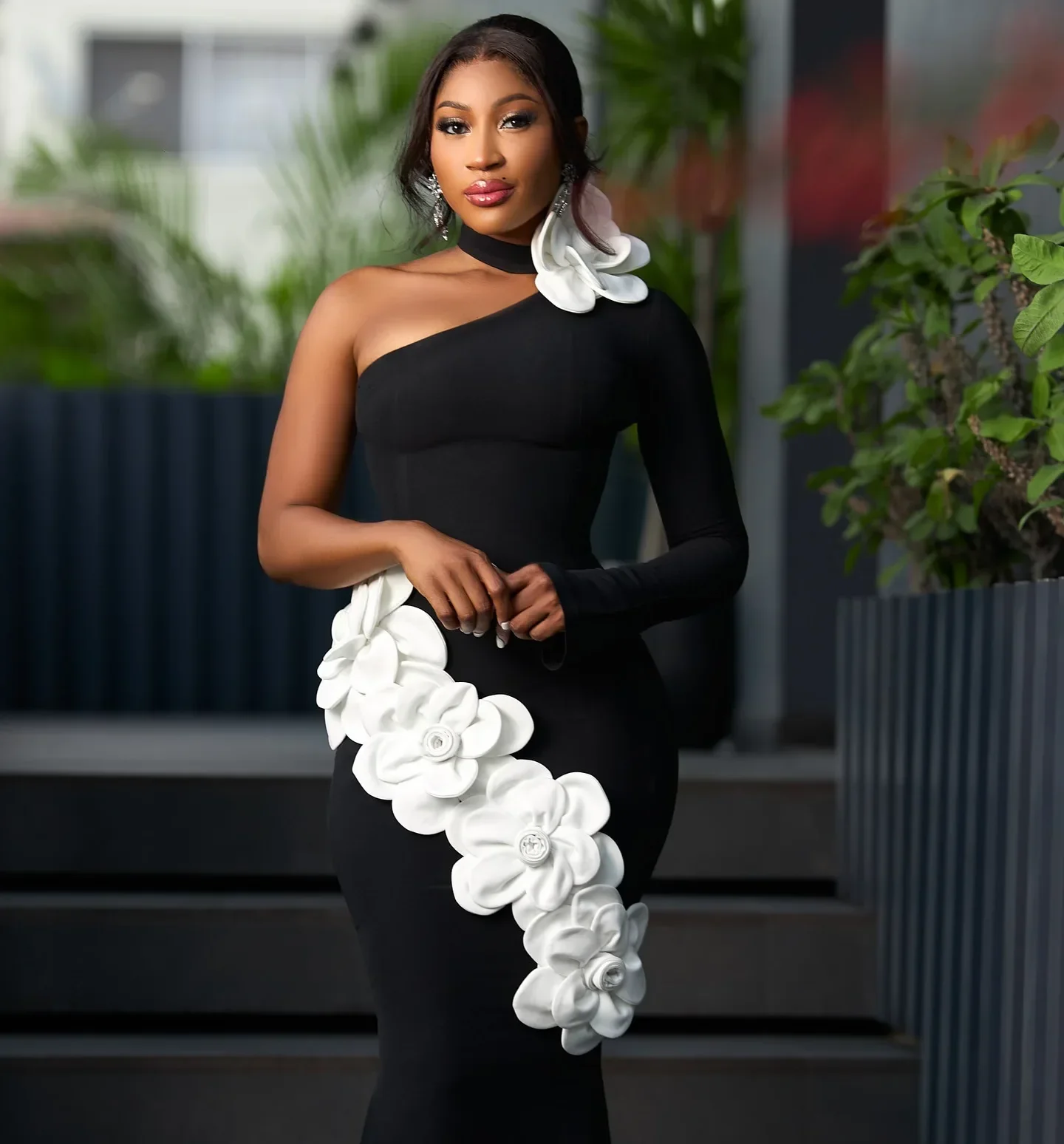 Women Sexy One Sleeve White Florals Bodycon Long Bandage Dress Fashion Nightclub Party Cocktail Outfit Vestido - Image 2