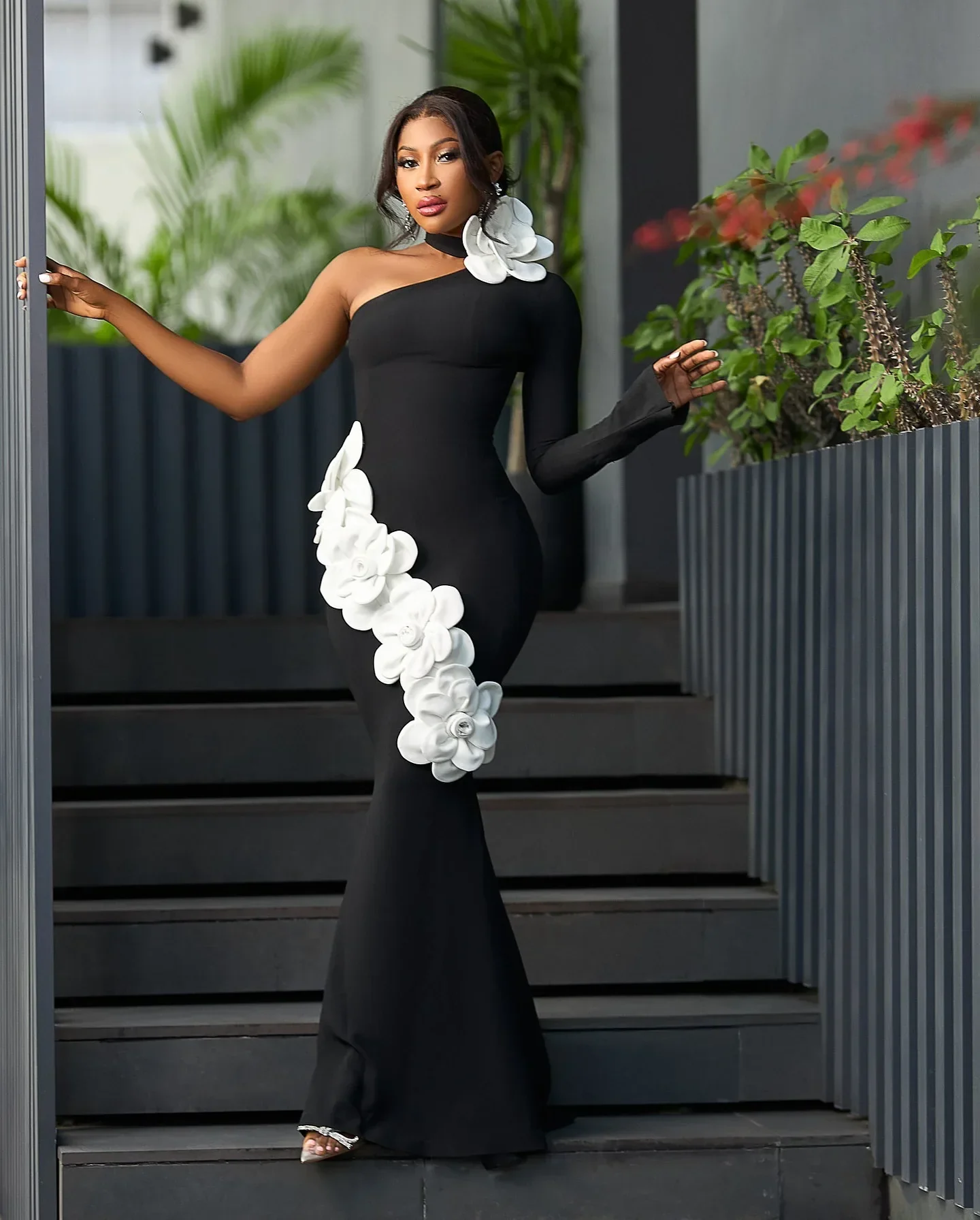 Women Sexy One Sleeve White Florals Bodycon Long Bandage Dress Fashion Nightclub Party Cocktail Outfit Vestido - Image 4