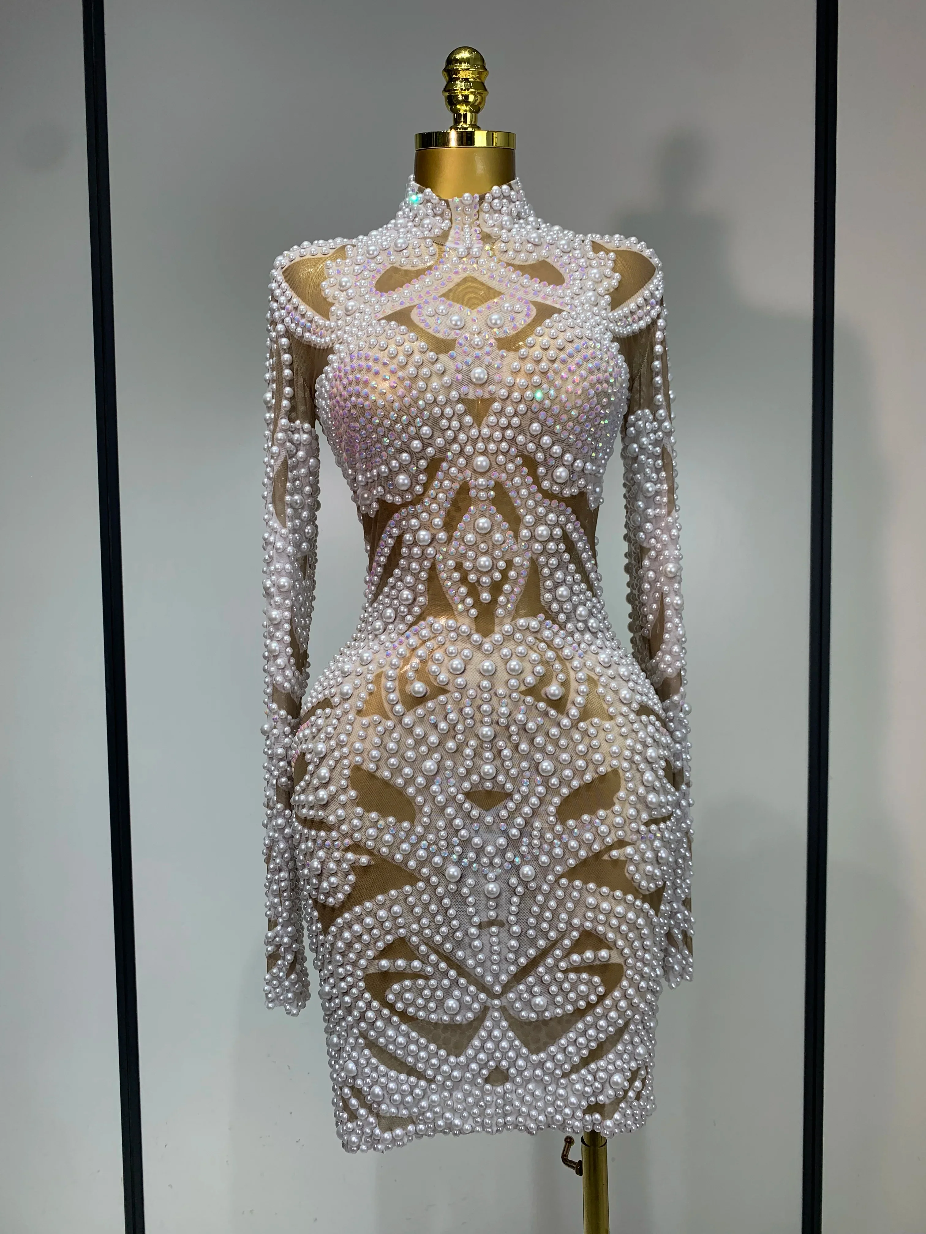 Women Sexy Rhinestone Pearl Mesh Transparent Dress Birthday Celebrate Dress Evening Party Dance Performance Costume