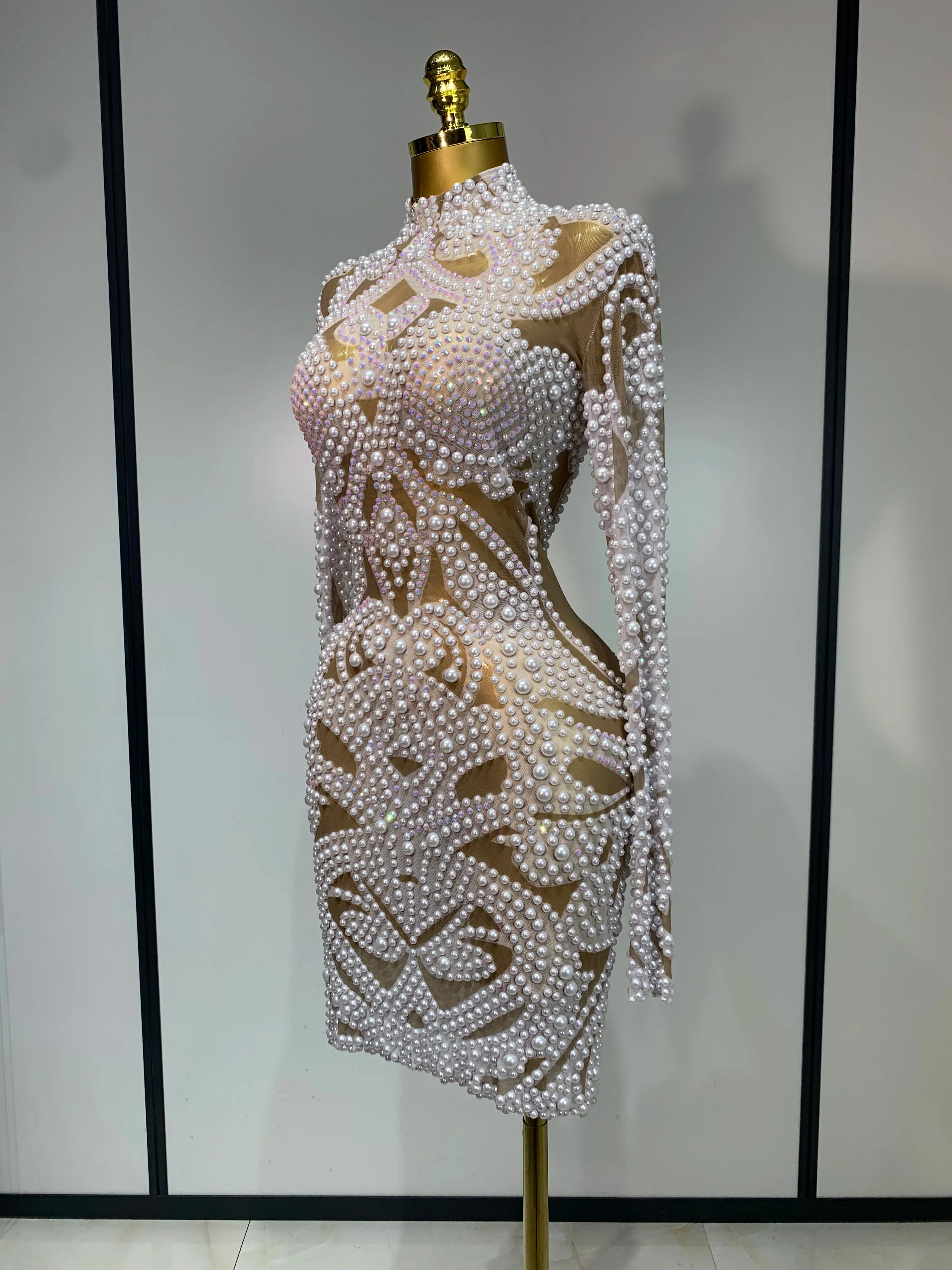 Women Sexy Rhinestone Pearl Mesh Transparent Dress Birthday Celebrate Dress Evening Party Dance Performance Costume - Image 2