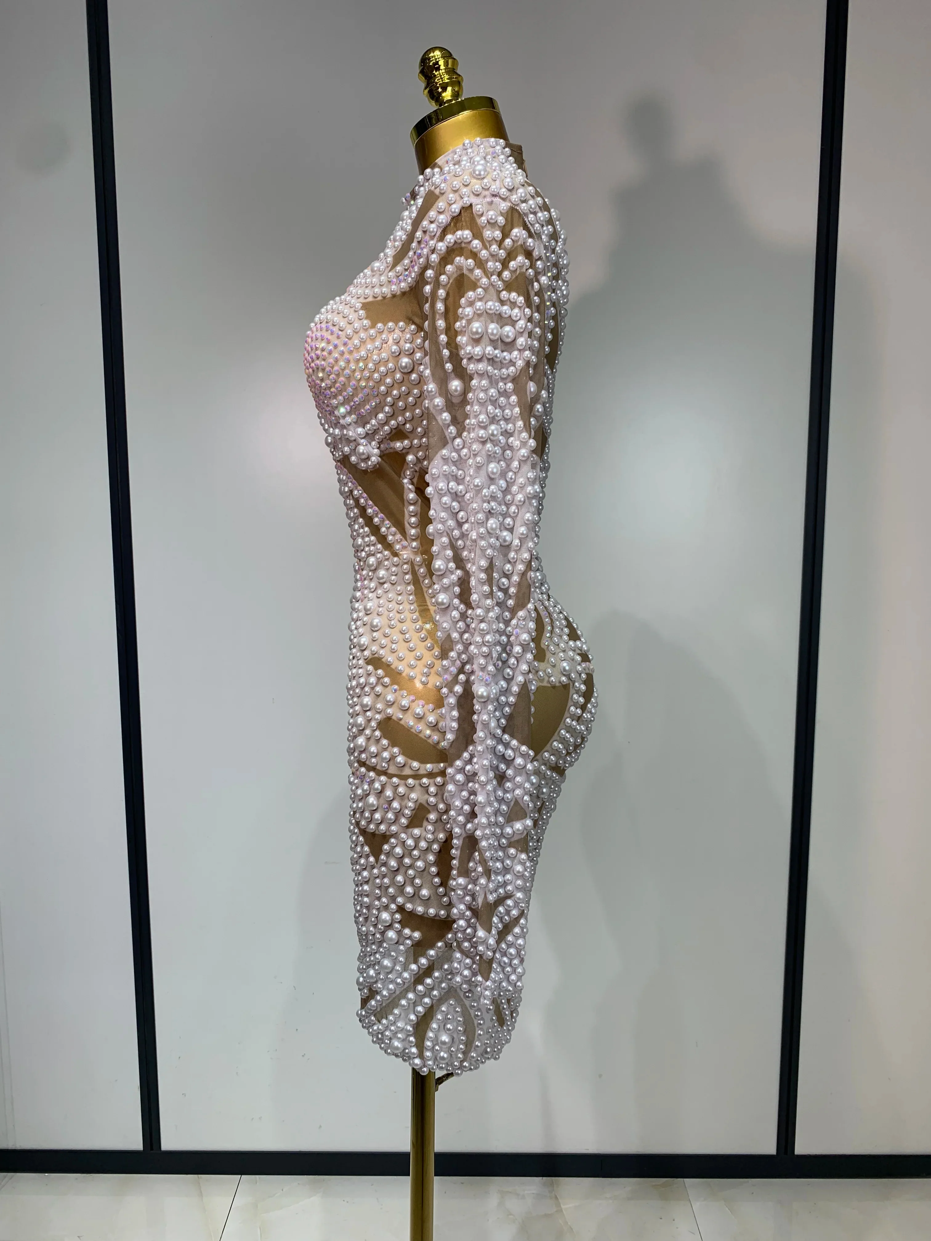 Women Sexy Rhinestone Pearl Mesh Transparent Dress Birthday Celebrate Dress Evening Party Dance Performance Costume - Image 3