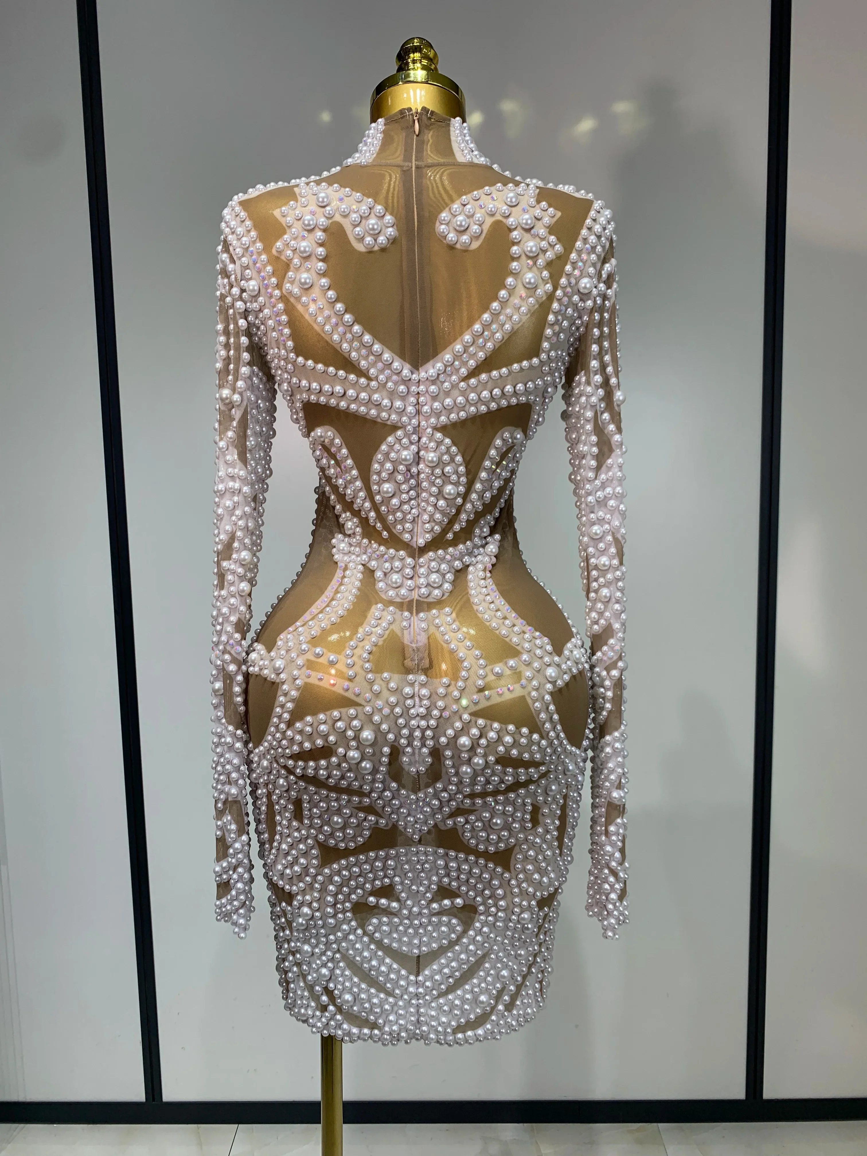 Women Sexy Rhinestone Pearl Mesh Transparent Dress Birthday Celebrate Dress Evening Party Dance Performance Costume - Image 4