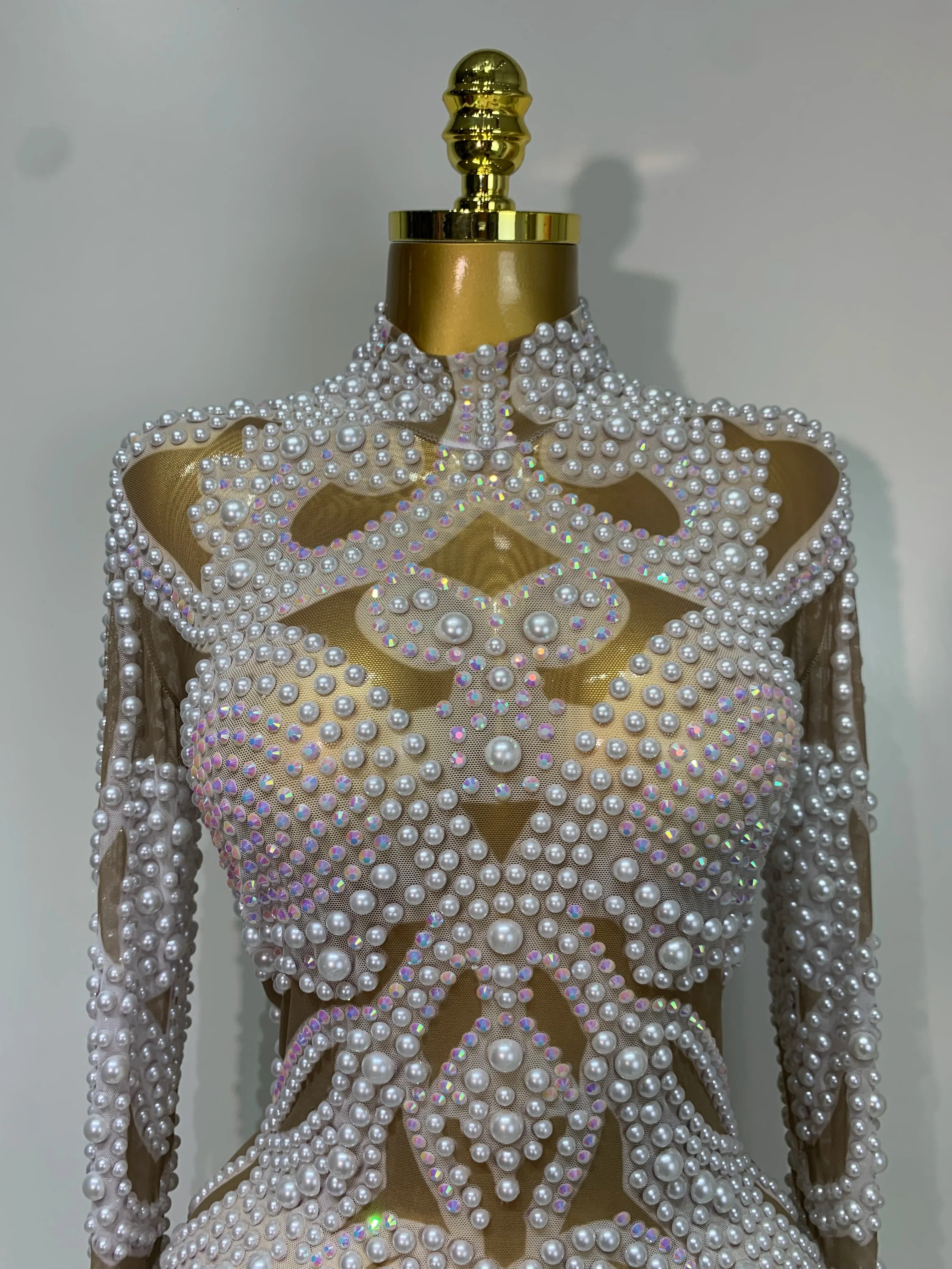 Women Sexy Rhinestone Pearl Mesh Transparent Dress Birthday Celebrate Dress Evening Party Dance Performance Costume - Image 5