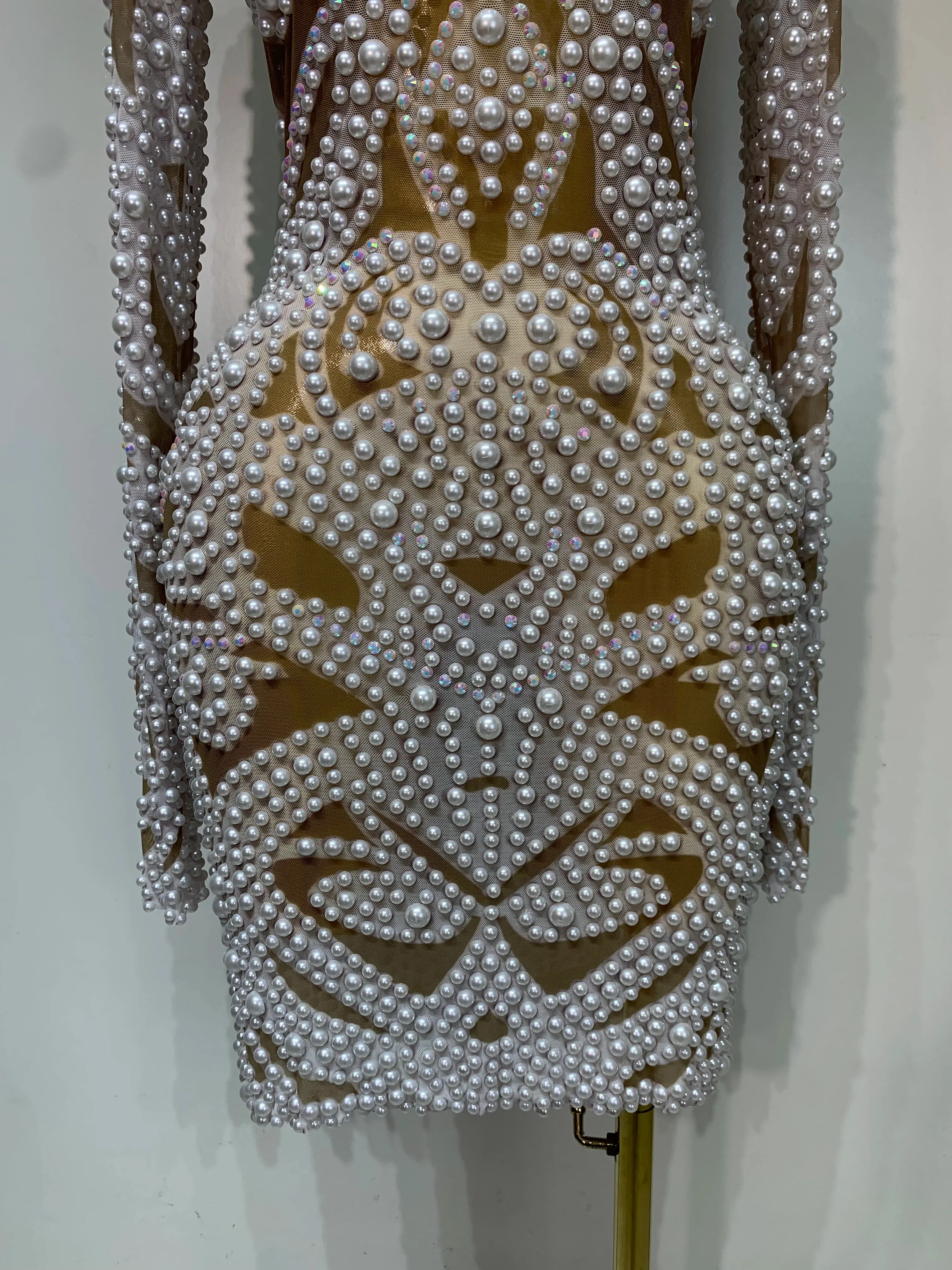 Women Sexy Rhinestone Pearl Mesh Transparent Dress Birthday Celebrate Dress Evening Party Dance Performance Costume - Image 6