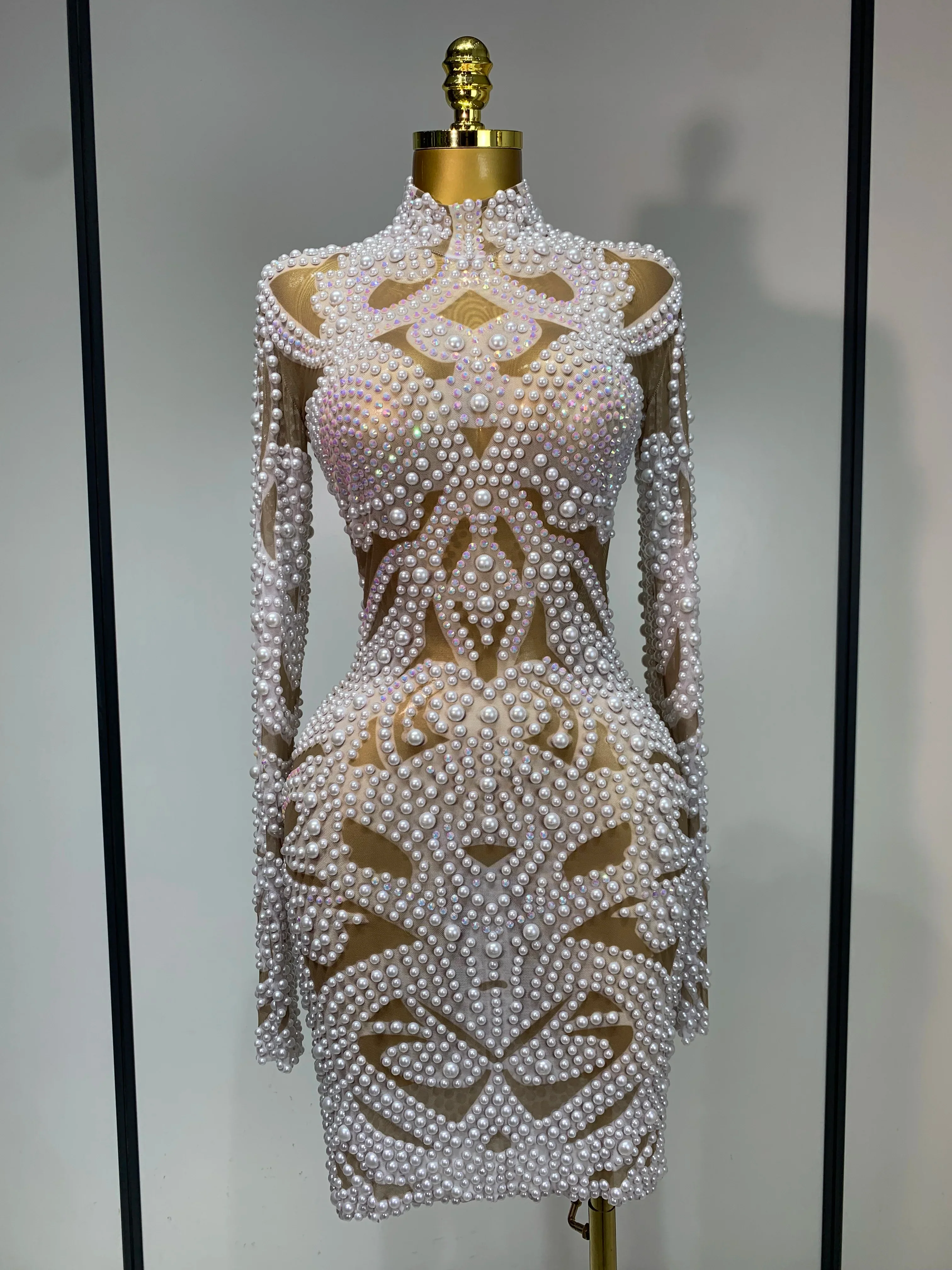 Women Sexy Rhinestone Pearl Mesh Transparent Dress Birthday Celebrate Dress Evening Party Dance Performance Costume - Image 7