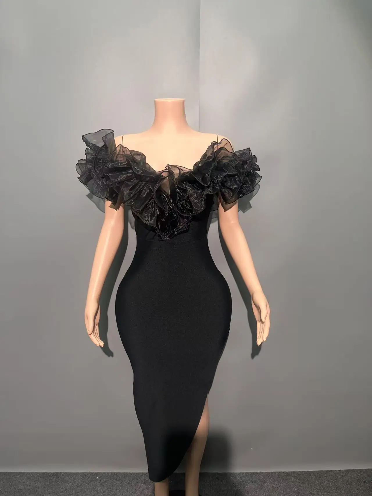 Women Slash Neck Ruffles Bodycon Bandage Mid-calf Dress Celebrate Nightclub Party Birthday Outfit Wholesale - Image 2