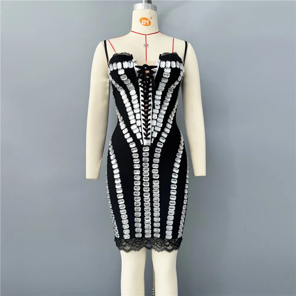 Women Sleeveless Sexy Strap Shinning Crystal Bodycon Mini Bandage Dress Lace Celebrate Nightclub Party Outfit - Image 3