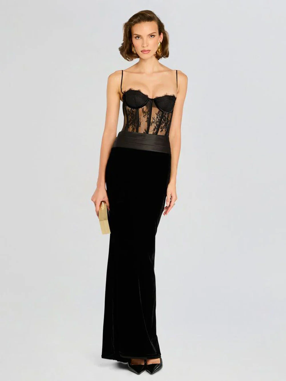 Women'S Sling Velvet Long Dress Sexy See Through Lace Slim Fishbone Dress Elegant Celebrity Evening Party Gowns - Image 2