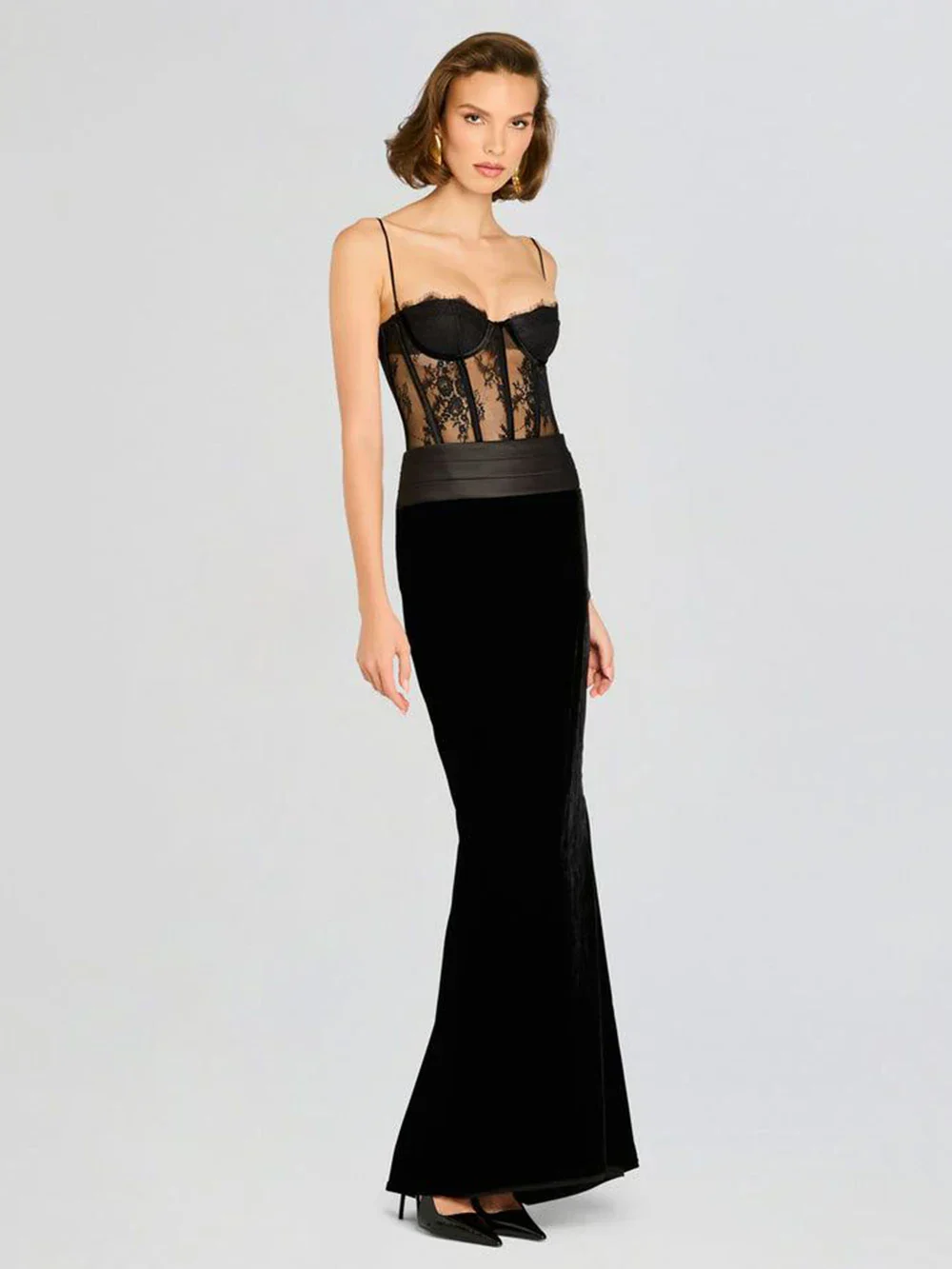 Women'S Sling Velvet Long Dress Sexy See Through Lace Slim Fishbone Dress Elegant Celebrity Evening Party Gowns - Image 3