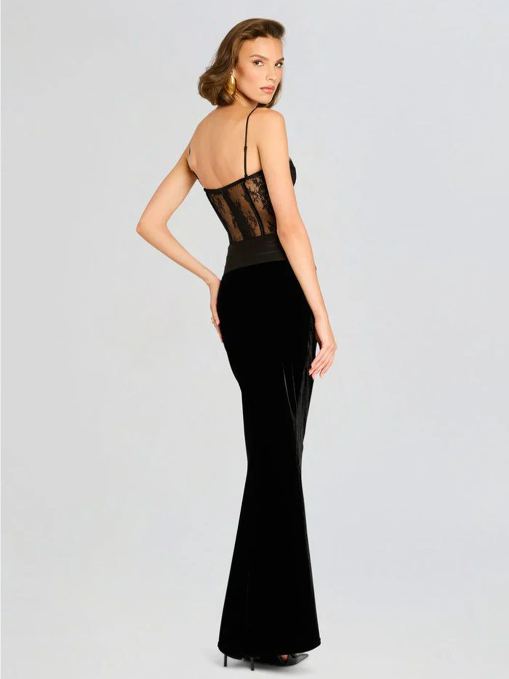 Women'S Sling Velvet Long Dress Sexy See Through Lace Slim Fishbone Dress Elegant Celebrity Evening Party Gowns - Image 4