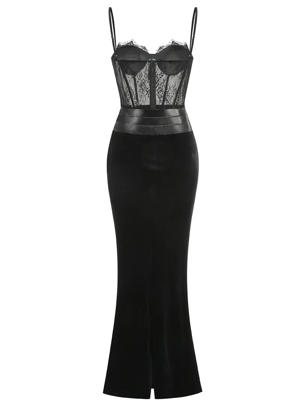 Women'S Sling Velvet Long Dress Sexy See Through Lace Slim Fishbone Dress Elegant Celebrity Evening Party Gowns - Image 5
