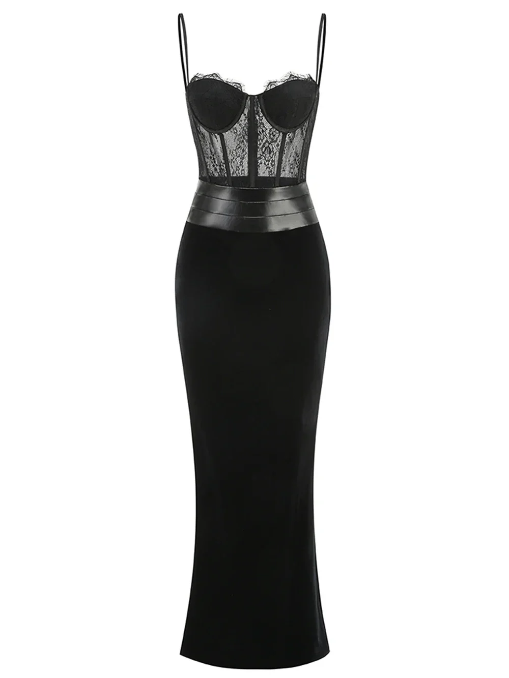 Women'S Sling Velvet Long Dress Sexy See Through Lace Slim Fishbone Dress Elegant Celebrity Evening Party Gowns - Image 6