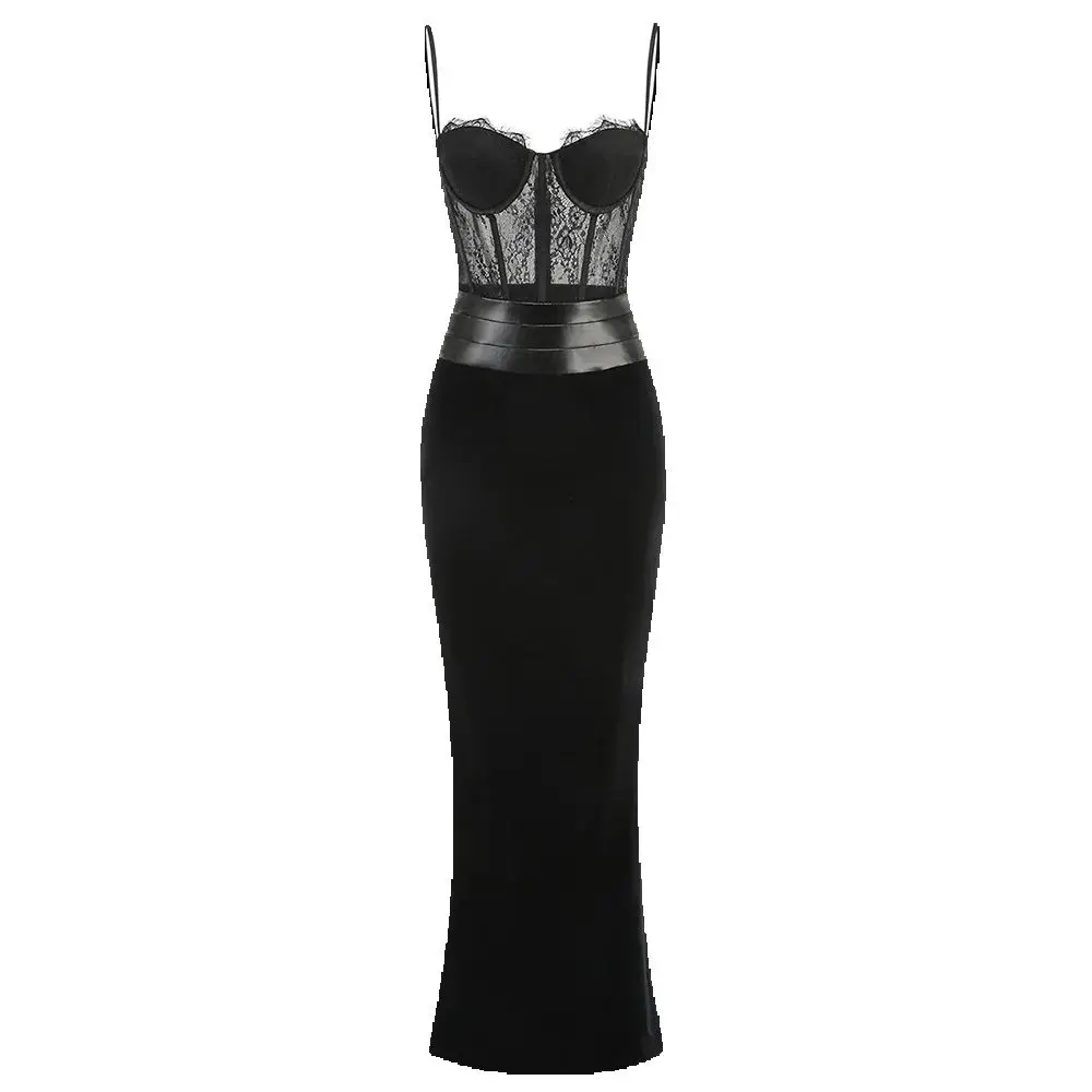 Women'S Sling Velvet Long Dress Sexy See Through Lace Slim Fishbone Dress Elegant Celebrity Evening Party Gowns - Image 7