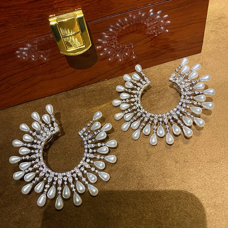 High Quality Zircon Bridal Earrings Big Pearl Zirconia Wedding Earring For Brides Accessories Women Evening Party Dress Jewelry - Image 2