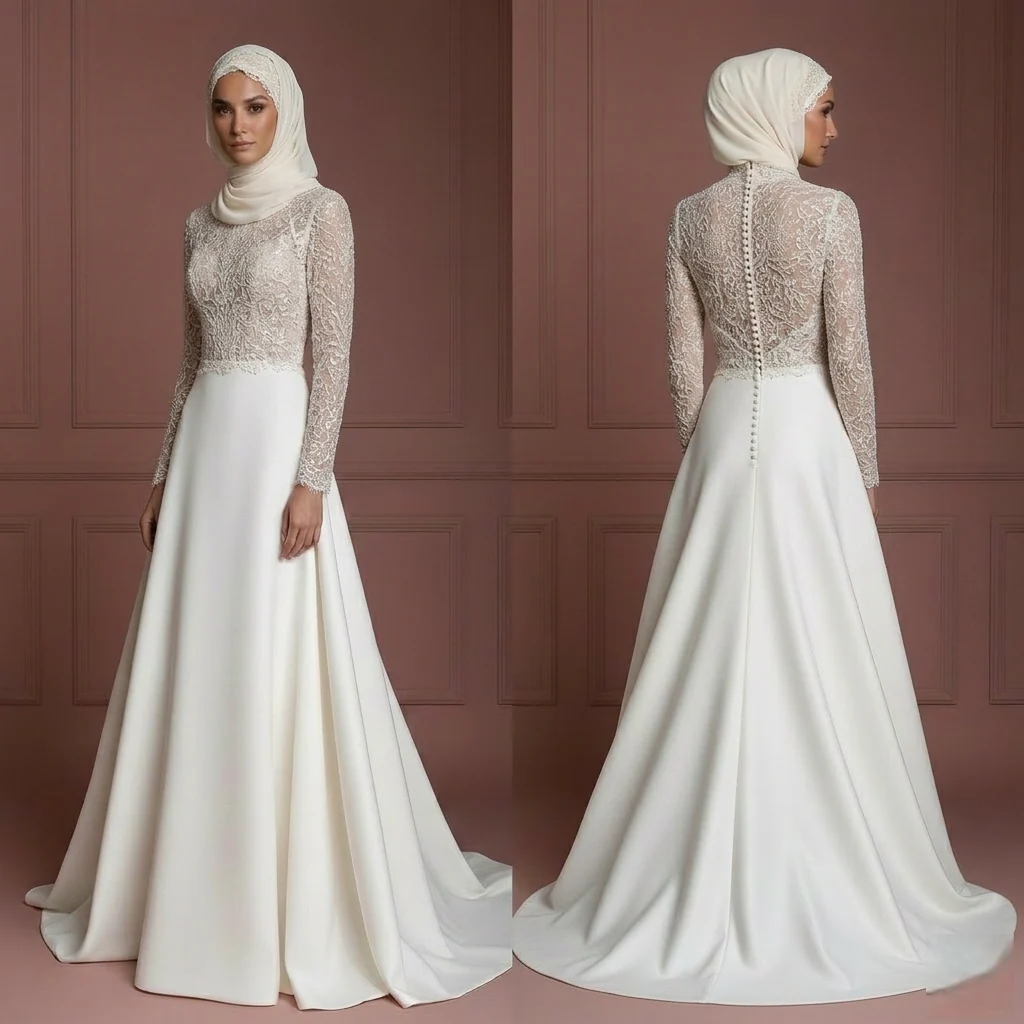 Hijab Bridal Wedding Dress With Button Back Modest Style Muslim