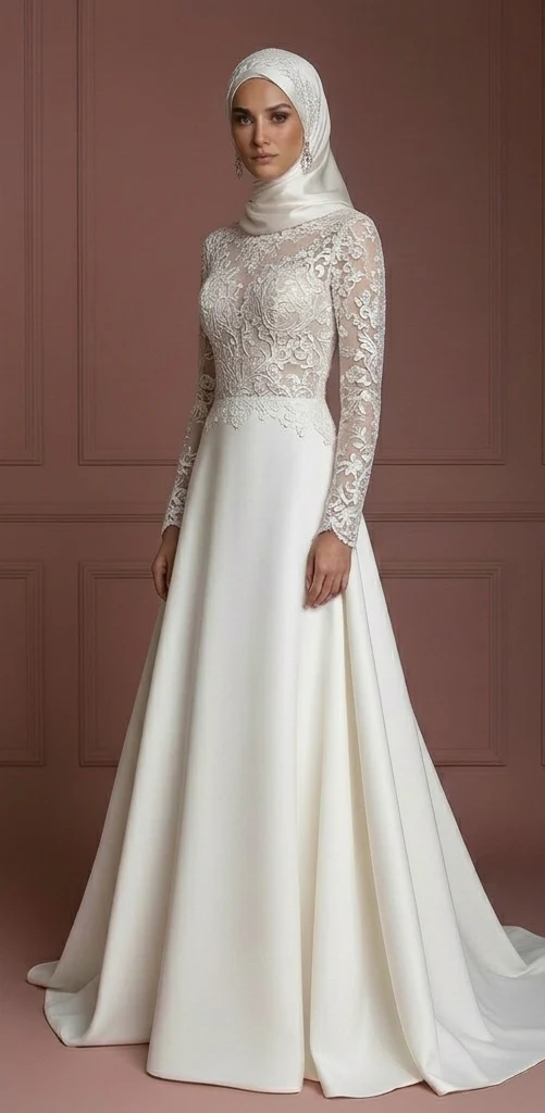 Hijab Bridal Wedding Dress With Lace Embroidery Modest Style Muslim - Image 2