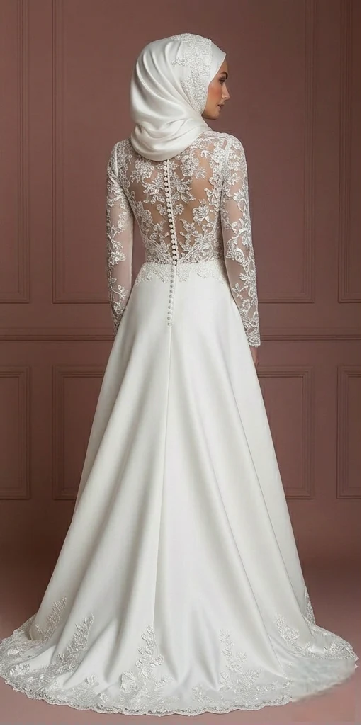Hijab Bridal Wedding Dress With Lace Embroidery Modest Style Muslim - Image 3